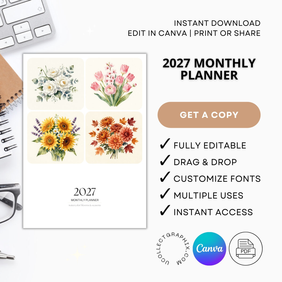 Editable 2027 Monthly Planner Calendar Canva Template | Floral Monthly Calendar with Notes | CAL2027-003