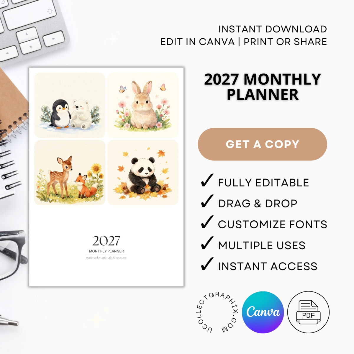 Editable 2027 Monthly Planner Calendar Canva Template | Animals & Seasons Monthly Planner | CAL2027-004