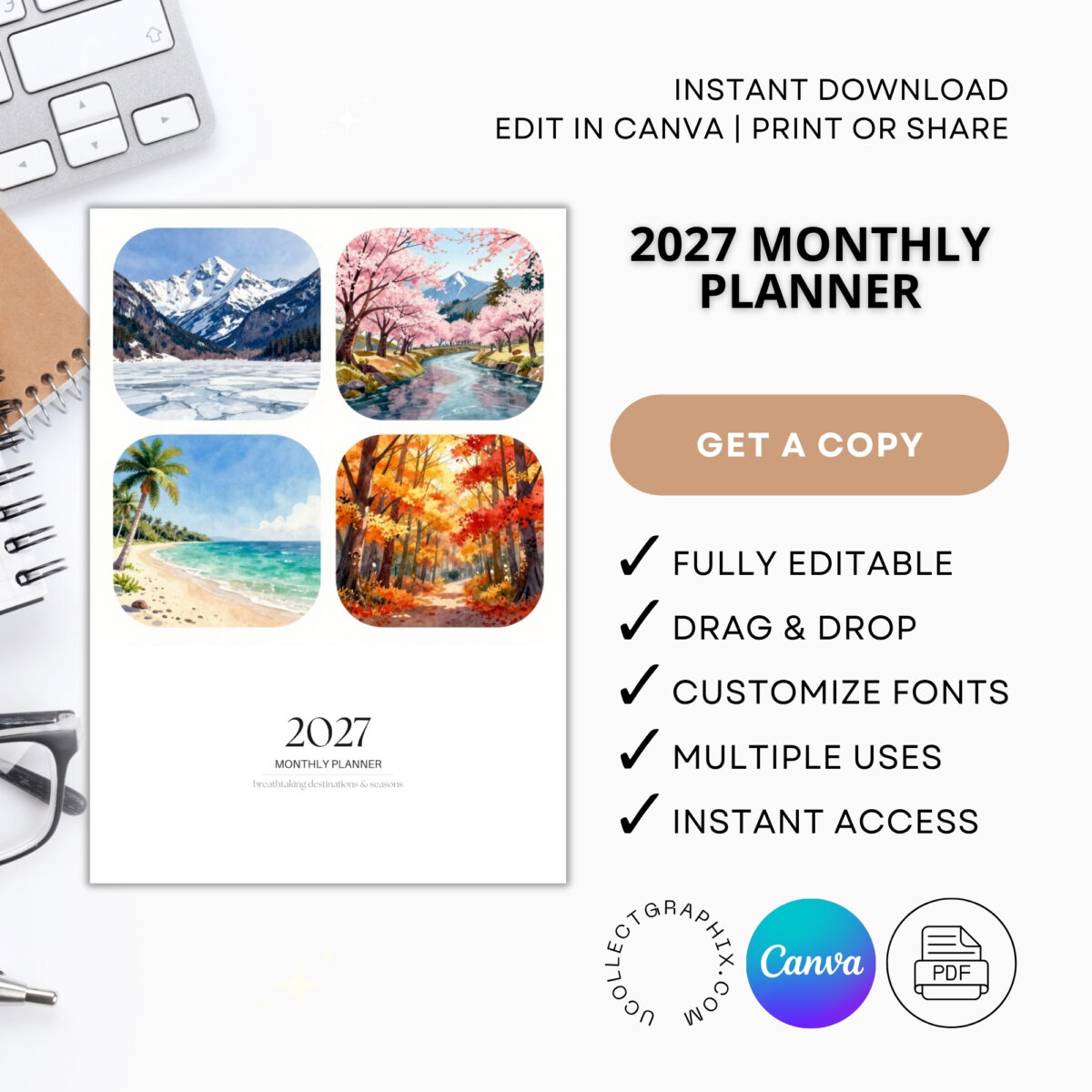 Editable 2027 Monthly Planner Calendar Canva Template | Travel Destinations & Seasons Planner | CAL2027-005