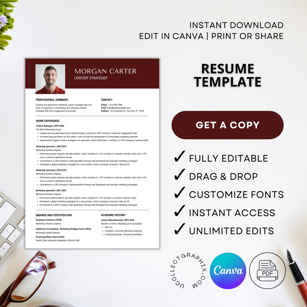 Editable ATS Resume Template with Photo & Cover Letter | Professional CV Canva Template | CV-008