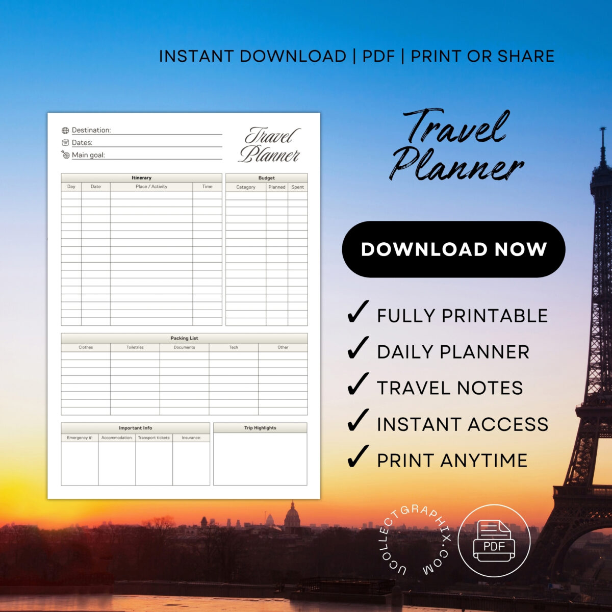 Printable Travel Planner | Trip Itinerary, Budget Tracker, Packing List & Travel Organizer | TRAV-001-01
