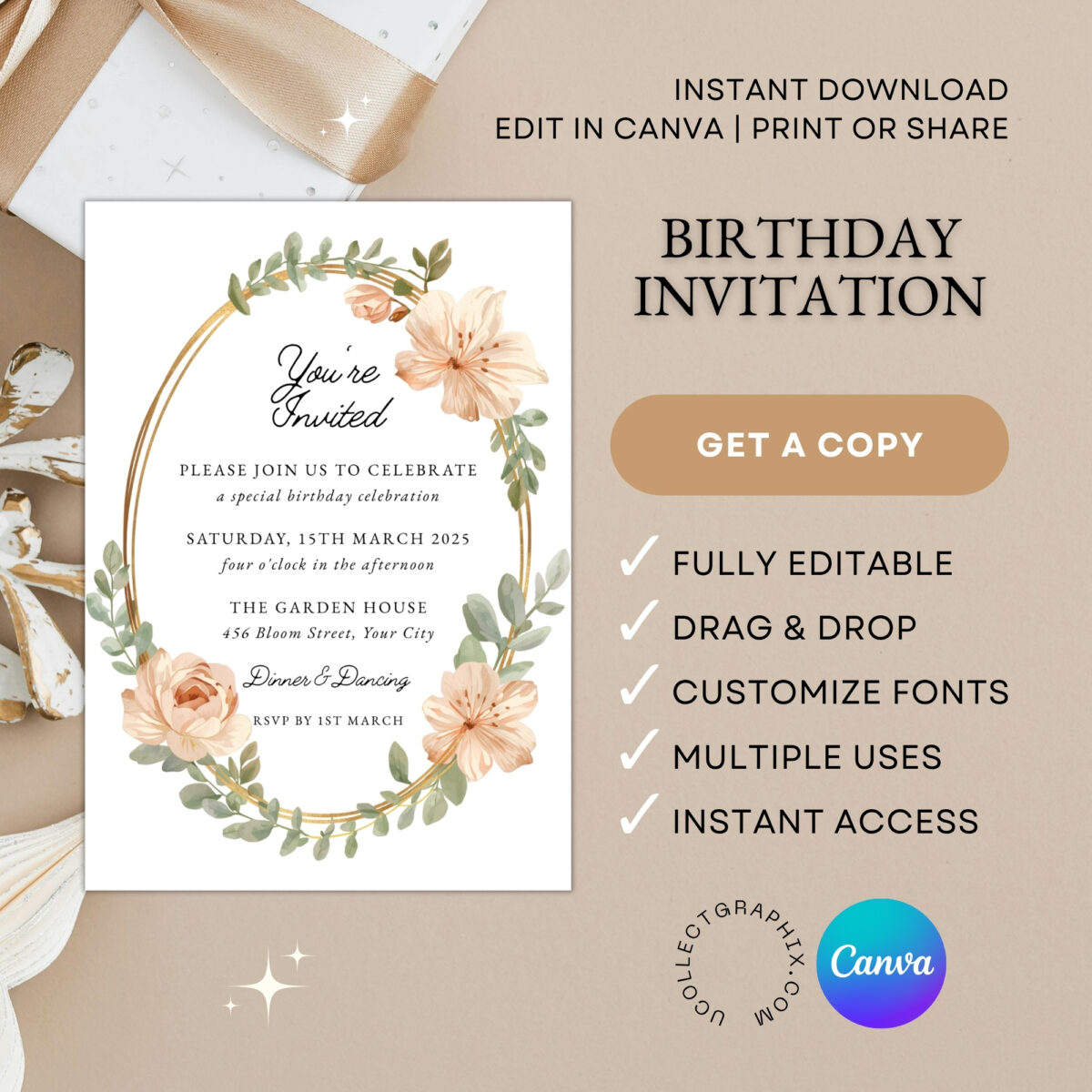 Editable Floral Birthday Invitation Template | Elegant Watercolor Birthday Party Invite | Printable Canva Template | BDINVITE-001