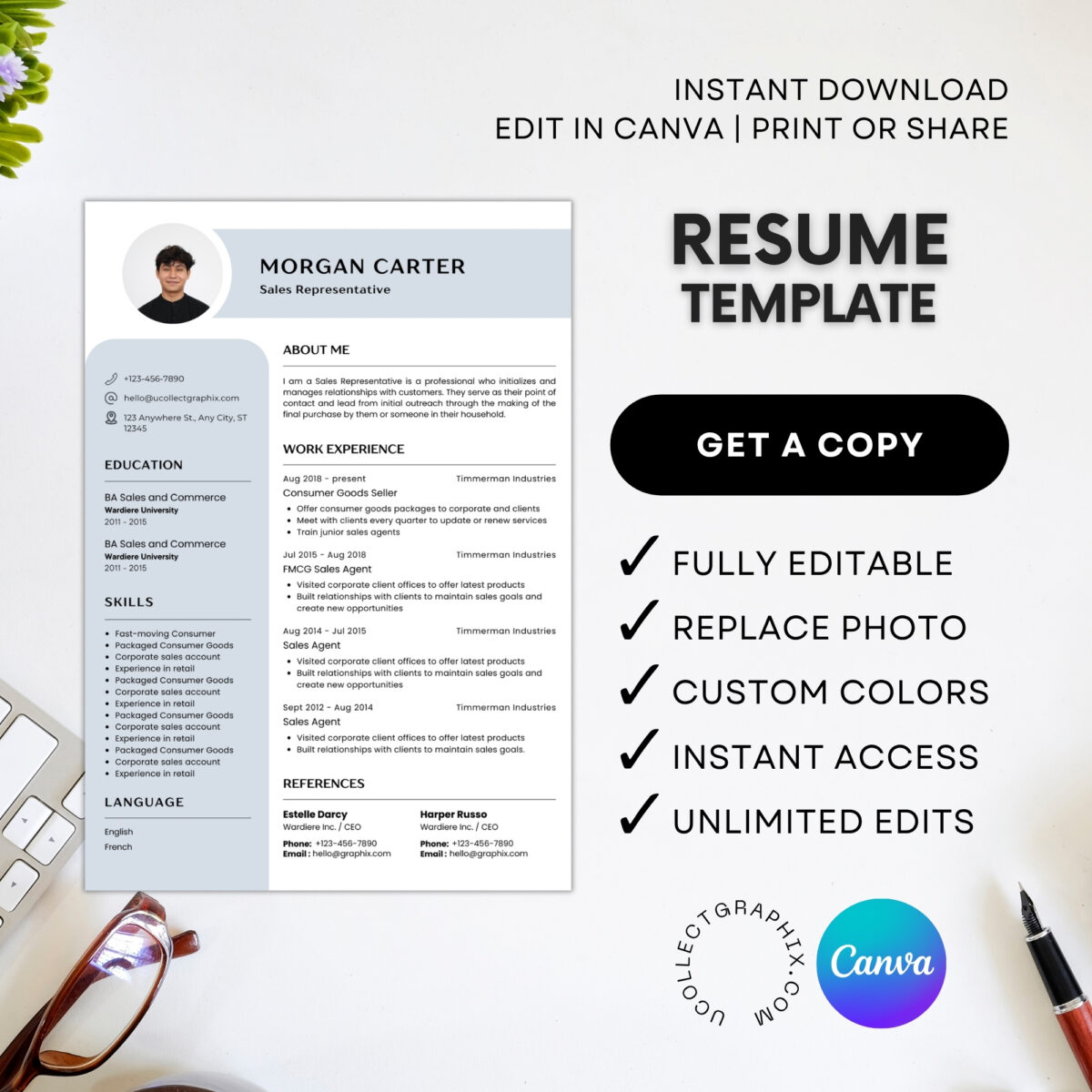Professional Sales Resume Template | 1 & 2 Page Canva Editable CV with Photo | A4 & US Letter Size | CV-004