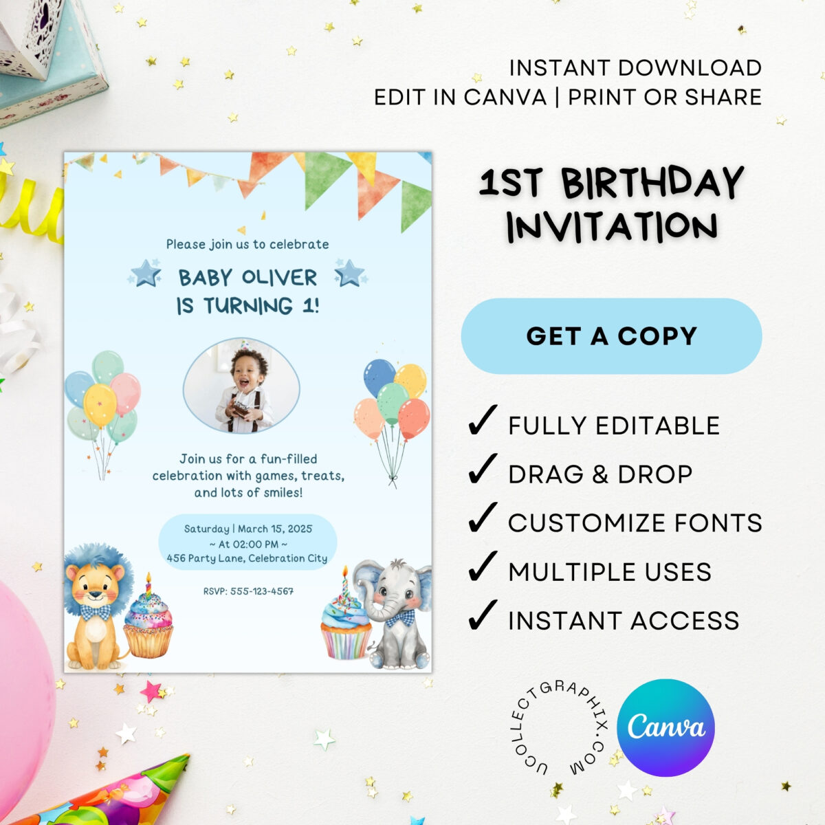 Editable First Birthday Boy Invitation Template | Cute Safari Animals 1st Birthday Invite | Canva Template Printable | 1BINVITE-001