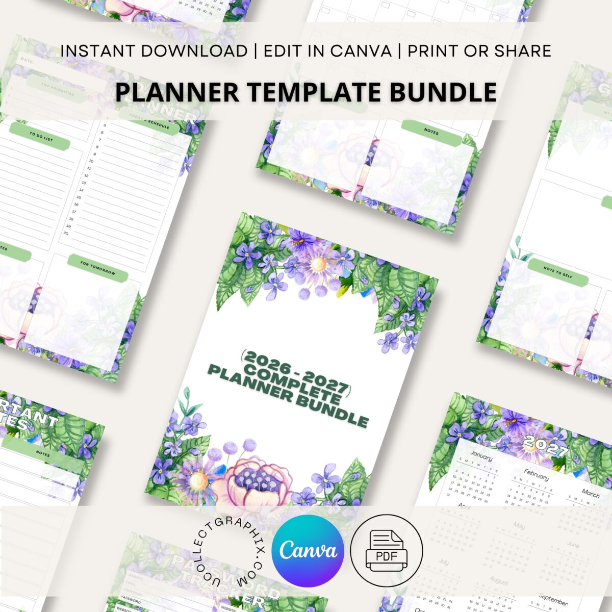 Editable Complete Planner Bundle Canva Template | 12-Page Printable Planner | Daily Weekly Monthly Yearly Planner | 2026 & 2027 Calendar | Digital Download | BNDL-001