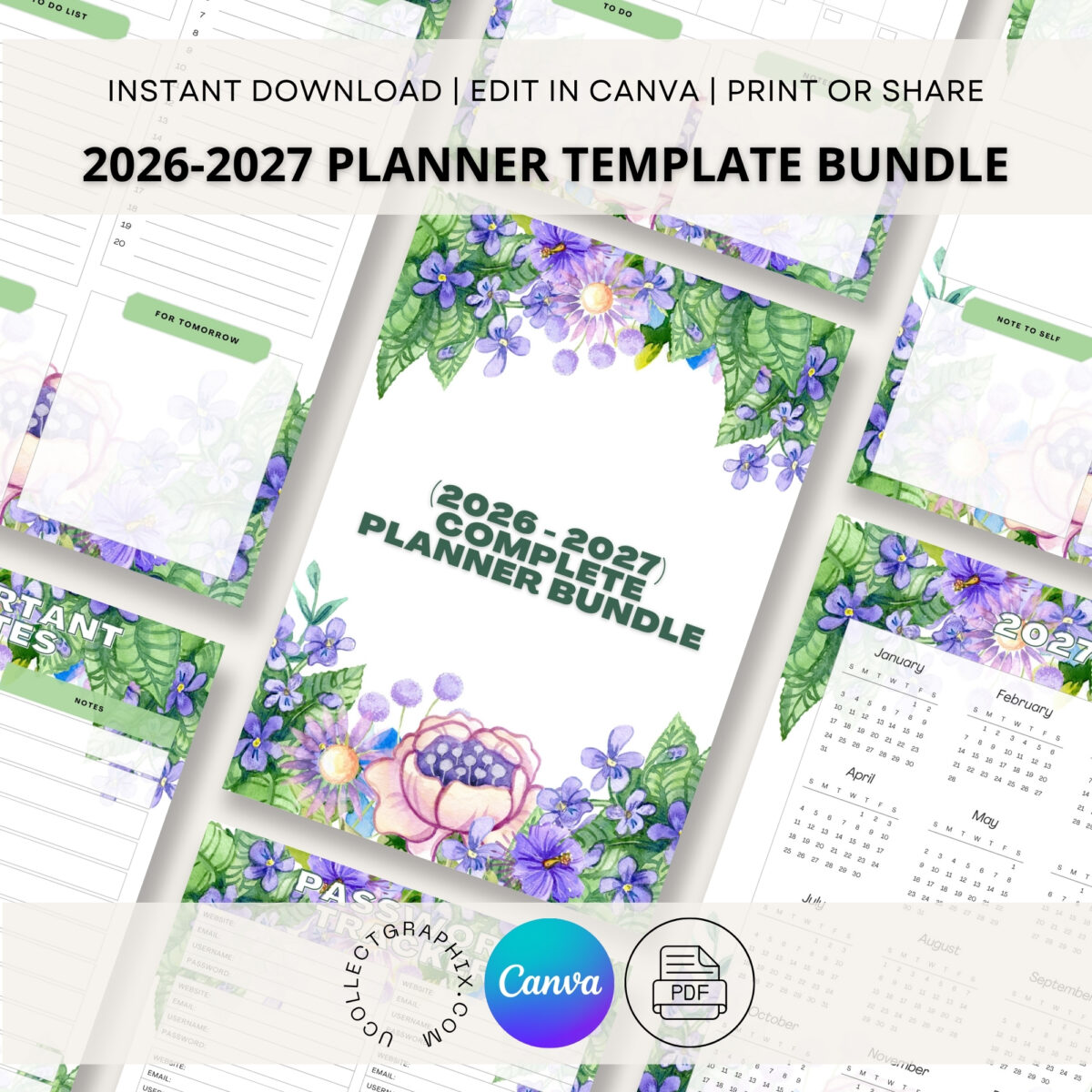 Editable Complete Planner Bundle Canva Template | 12-Page Printable Planner | Daily Weekly Monthly Yearly Planner | 2026 & 2027 Calendar | Digital Download | BNDL-001