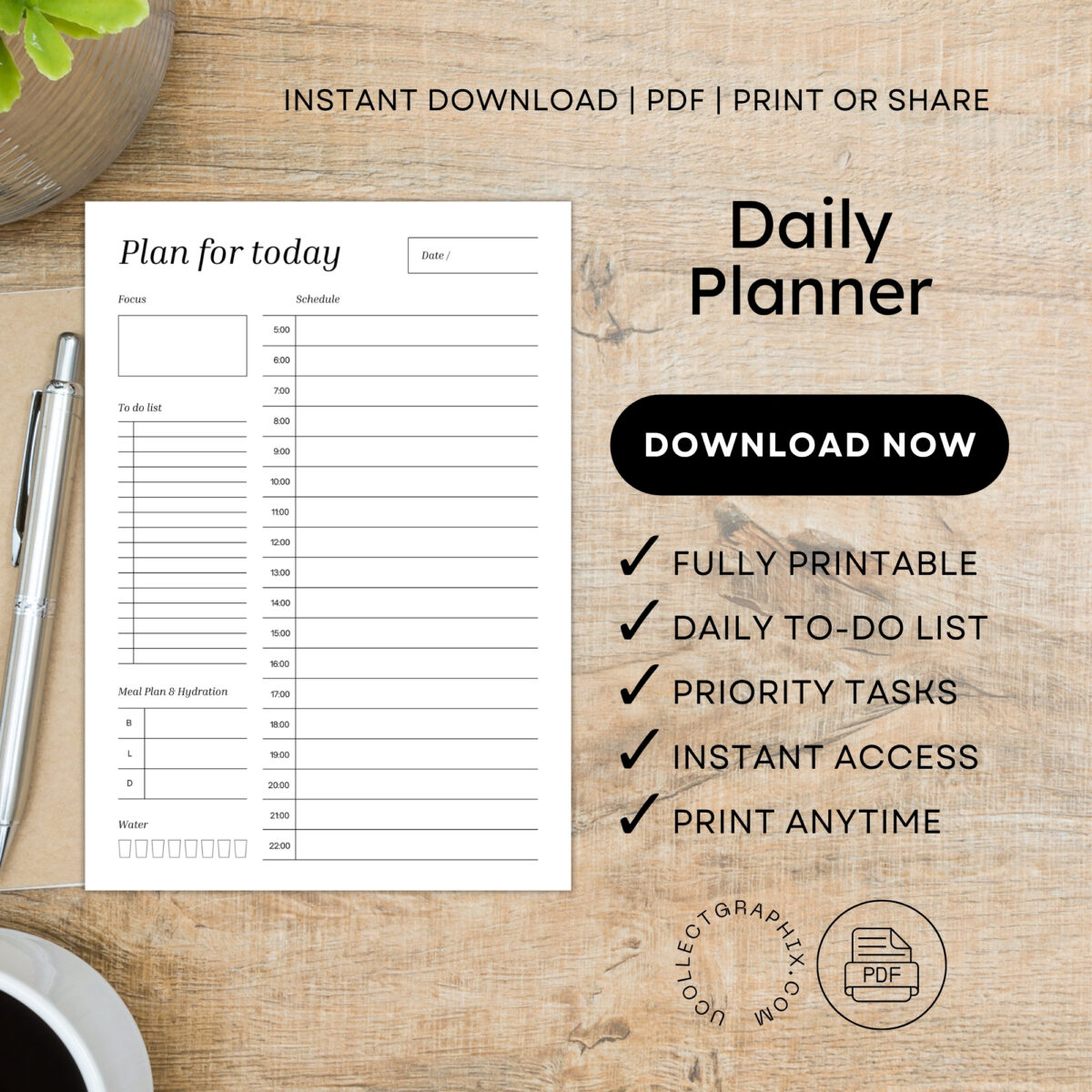 Printable Daily Planner (5AM–10PM) – Focus, To-Do List, Meal Plan, Hydration & Water Tracker | PLADAY-006-01