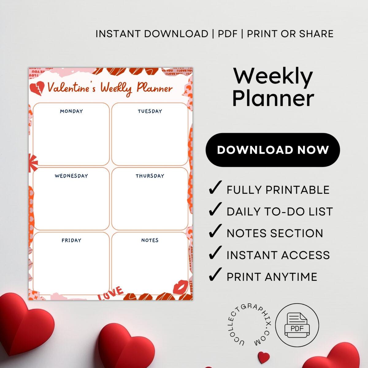 Printable Valentine’s Weekly Planner (Mon–Fri) – Romantic Weekly Schedule with Notes | PLAWEK-002-01
