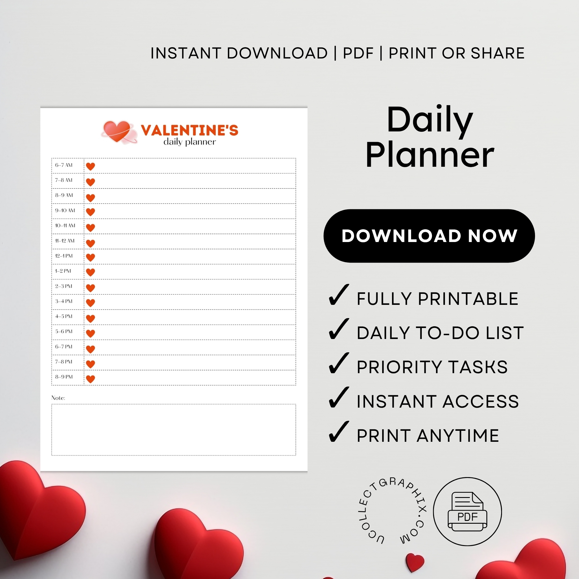 Printable Valentine’s Daily Planner (6AM–9PM) – Hourly Schedule with Notes | PLADAY-004-01