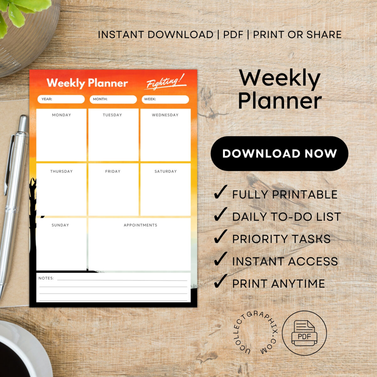 Printable Weekly Planner | Instant Download PDF | PLAWEK-001-01