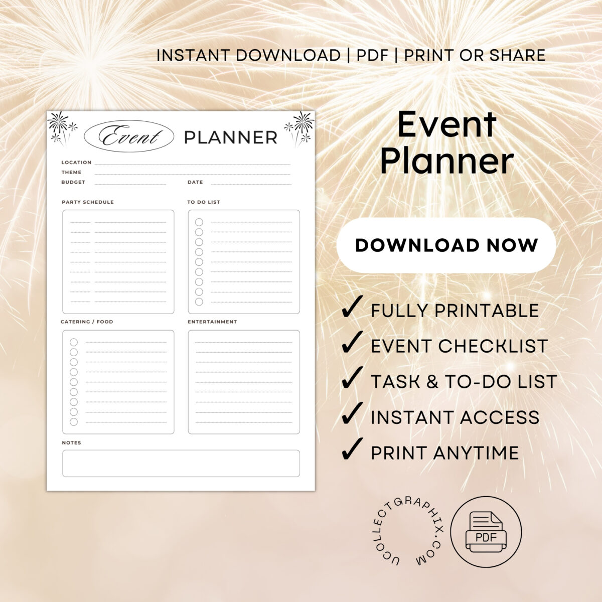 Printable Events Planner – Party Schedule, Catering, To-Do List & Entertainment | EVENT-001-01