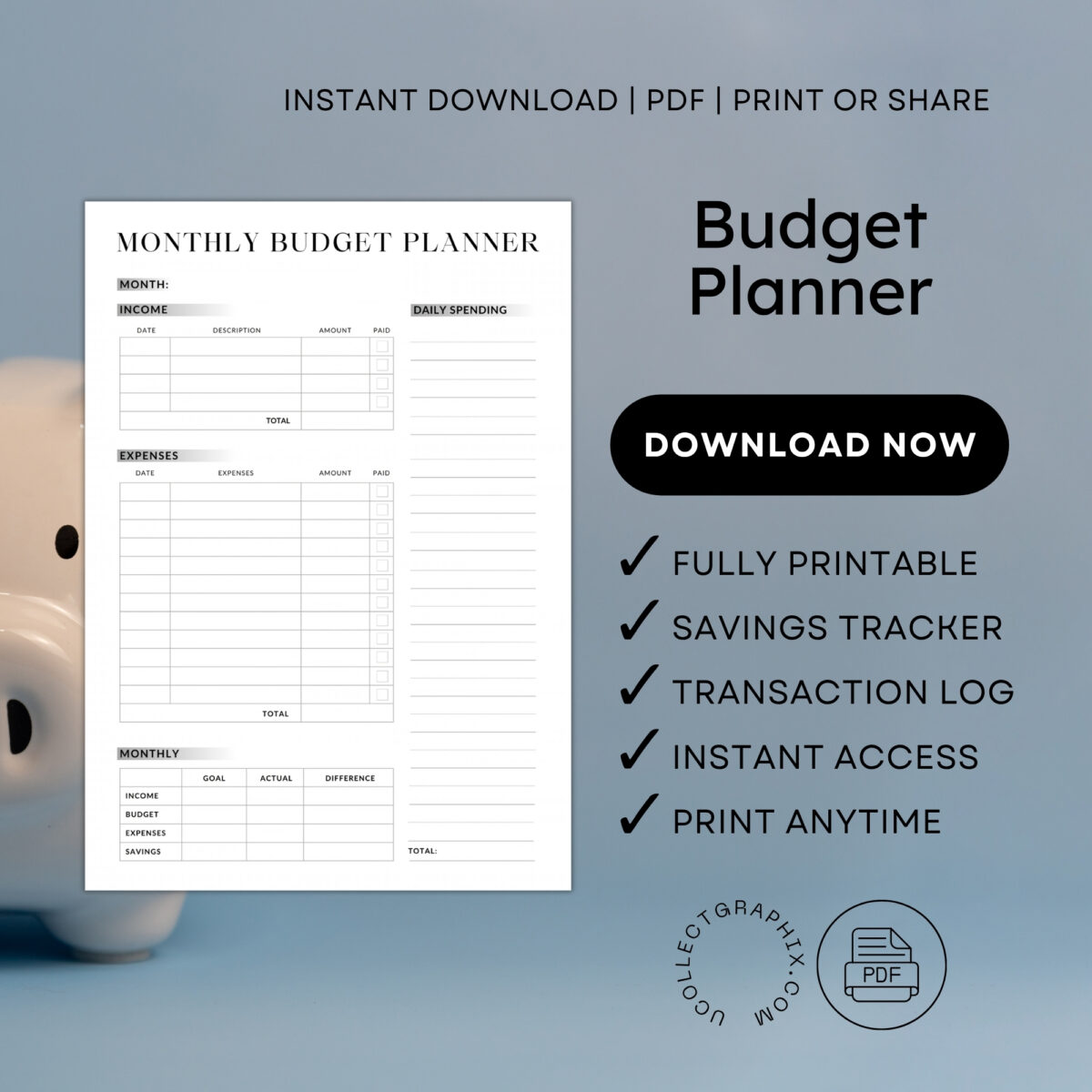 Monthly Budget Planner Printable | Income, Expenses & Daily Spending Tracker | Monthly Goal vs Actual Budget | BUDGET-001-01