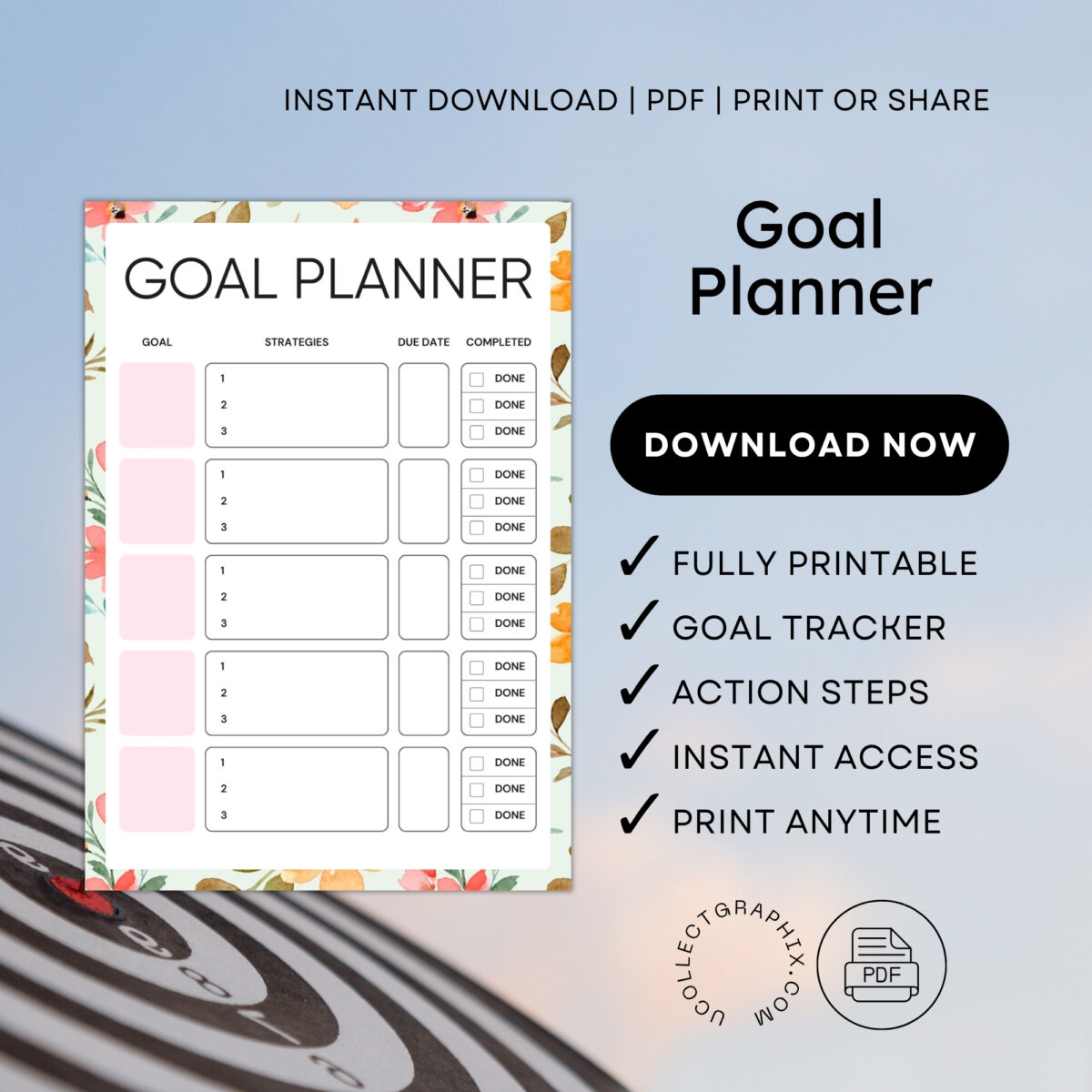 Goal Planner Printable PDF | Goal Setting with Strategies, Due Date & Checklist Tracker | GOAL-002-01