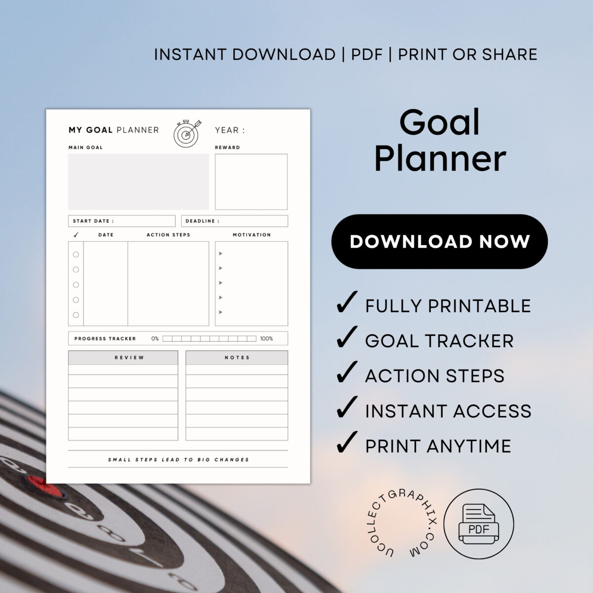 Goal Planner Printable | Goal Setting with Action Steps, Progress Tracker & Review Pages | GOAL-001-01