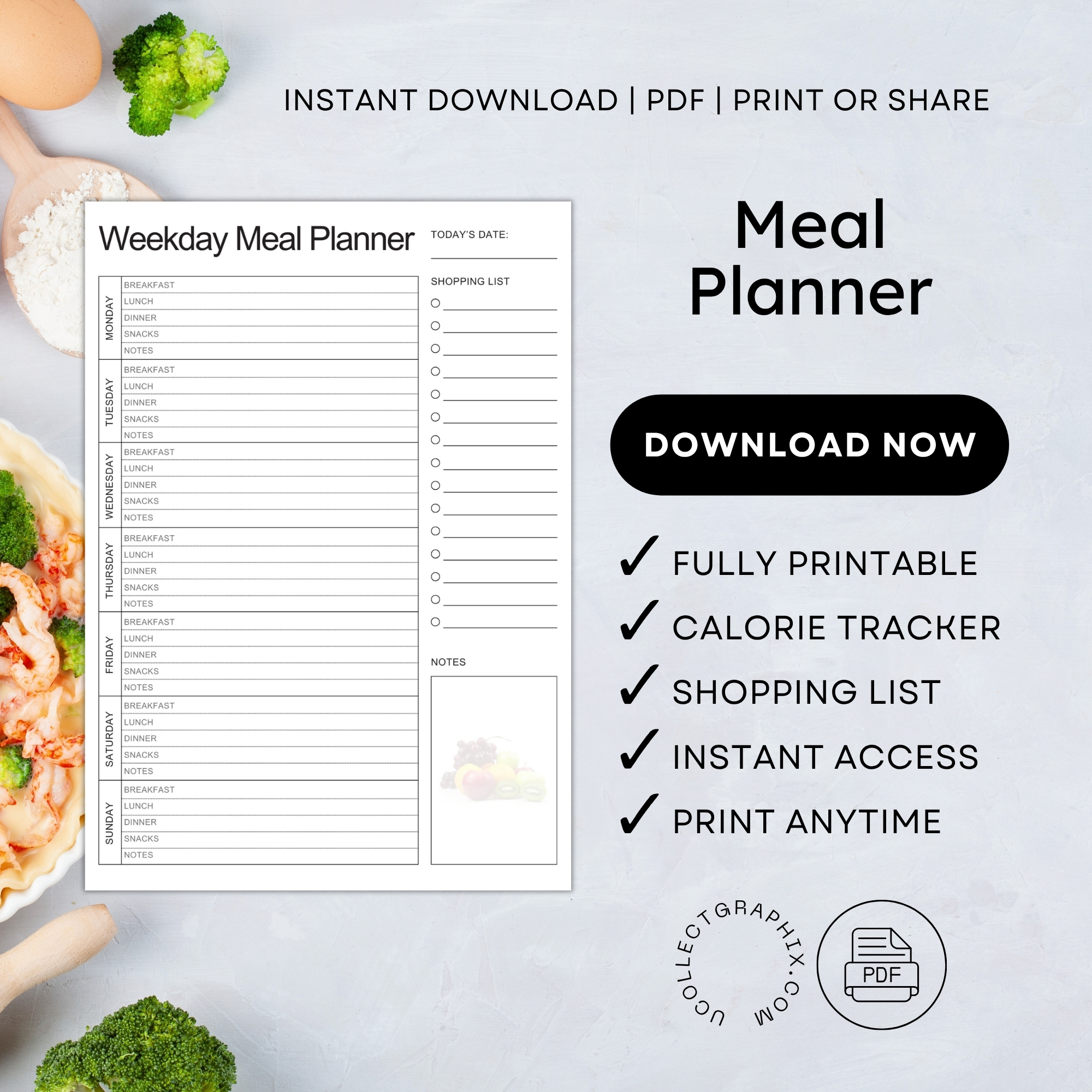 Meal Planner Printable | Weekly Meals, Shopping List & Notes | MEAL-001-01