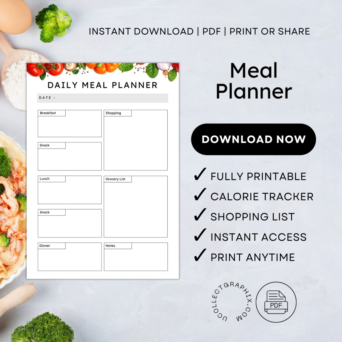 Daily Meal Planner Printable | Meals, Snacks, Grocery List & Notes | PDF Download | MEAL-002-01