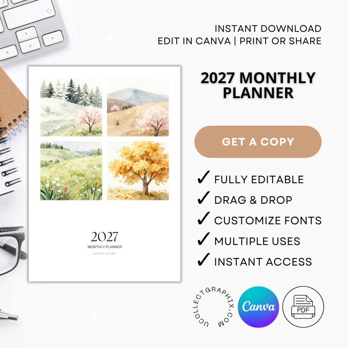 Editable 2027 Monthly Planner Calendar Canva Template | Nature-Themed Printable Calendar | CAL2027-002