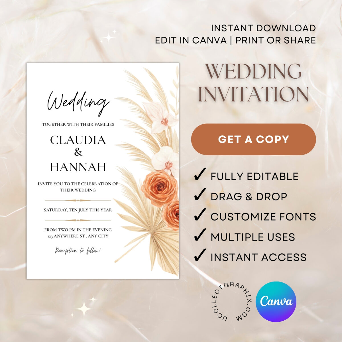 Editable Wedding Invitation Template | Terracotta Boho Floral Wedding Invite | Minimalist Elegant Canva Template | Modern Neutral Wedding Invitation | WEDINVITE-002