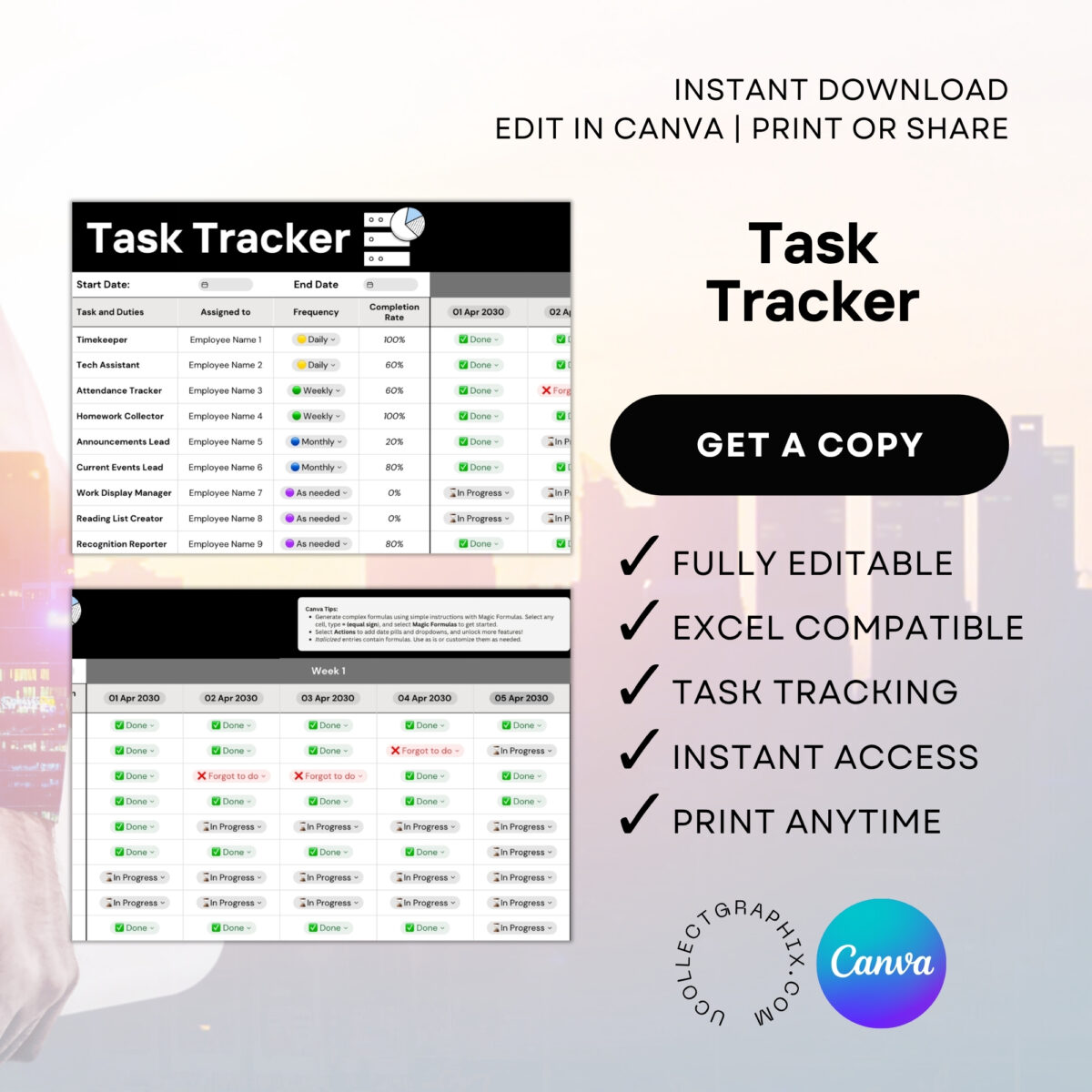 Editable Task Tracker Excel Template Canva | Employee Duty Tracker | Task Assignment & Frequency Planner | Productivity Spreadsheet | TRAC-010-01