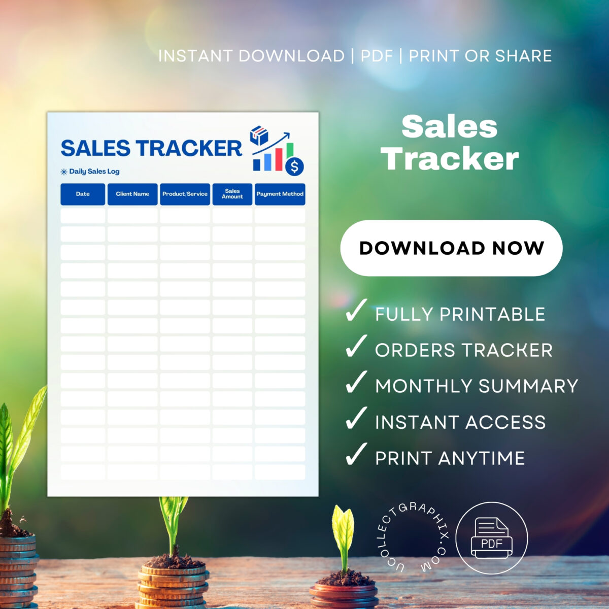 Monthly Sales Tracker & Daily Sales Log Printable | Sales Target & Performance Tracker | Blue TRAC-014-02