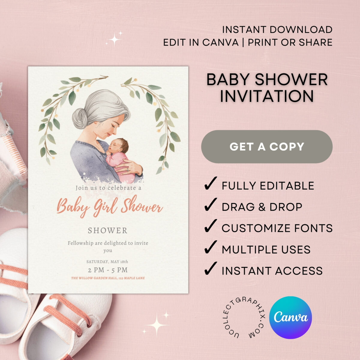 Editable Baby Girl Shower Invitation Template | Mom & Baby Illustration Invite | Neutral Floral Canva Template Printable | BSINVITE-007