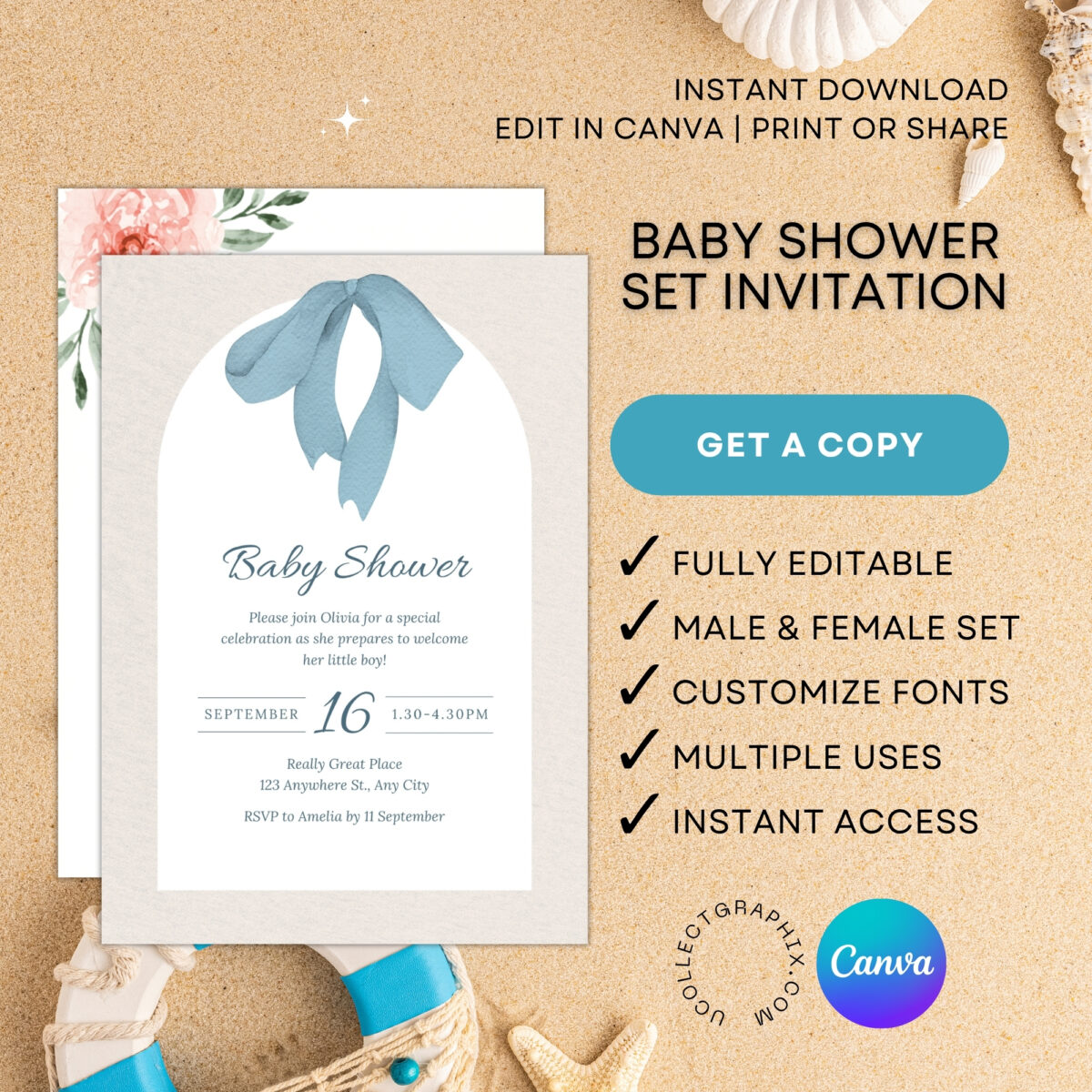Editable Baby Shower Invitation Bundle Set of 2 Canva Templates | Baby Boy & Girl Invite | Neutral Blue Bow & Floral Design | BDLINVITE-002
