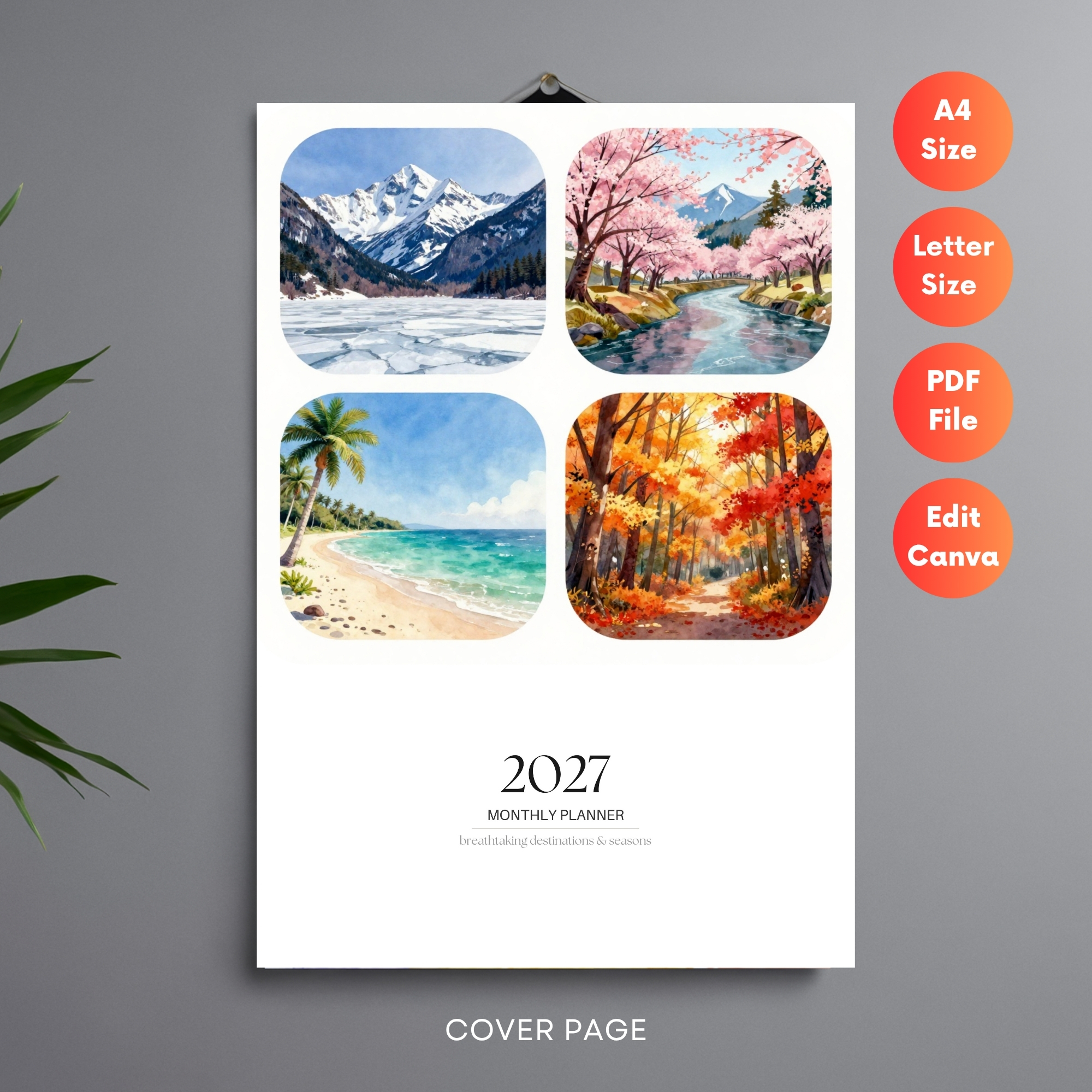 Editable 2027 Monthly Planner Calendar Canva Template | Travel Destinations & Seasons Planner | CAL2027-005 - Image 3