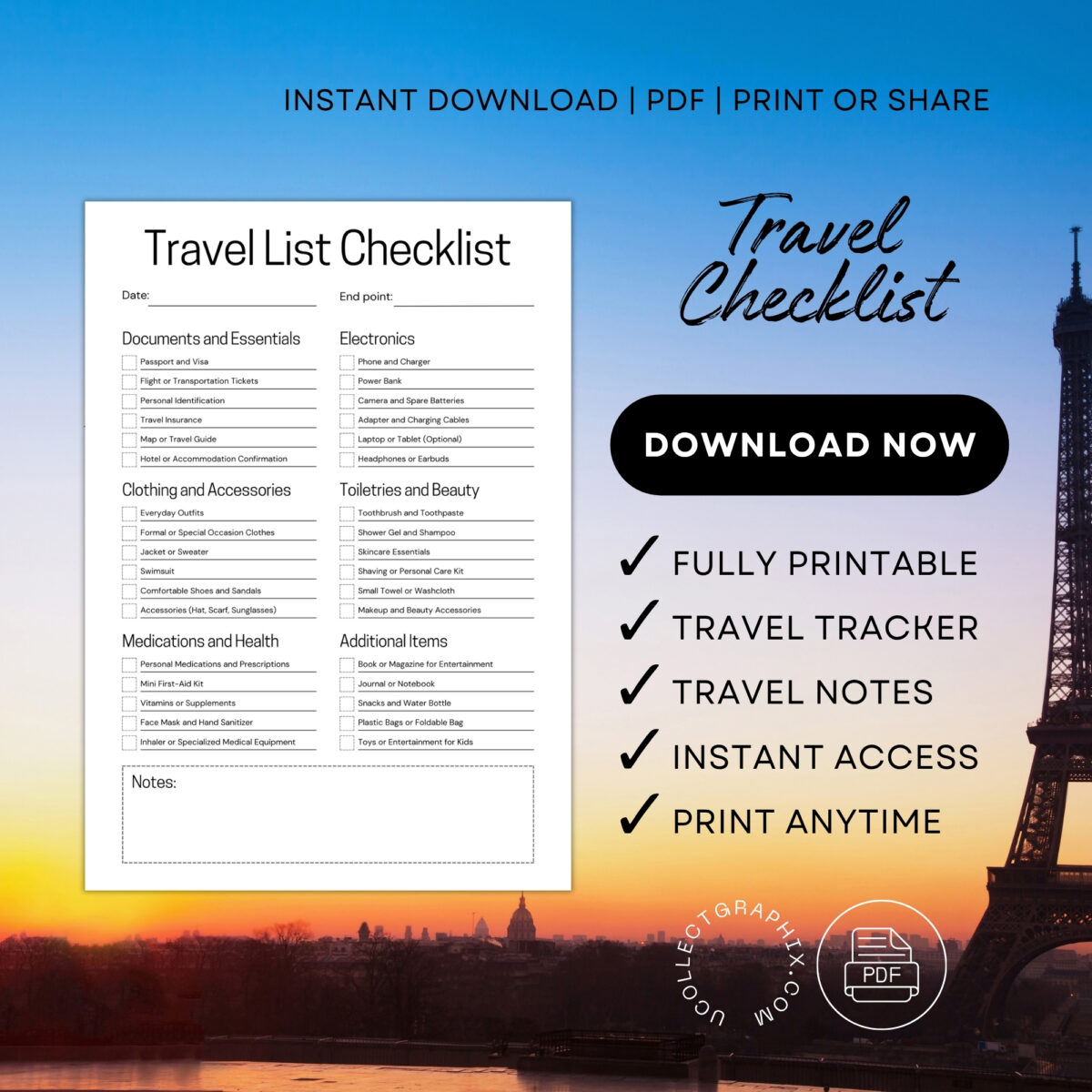Printable Travel List Checklist – Complete Packing List with Documents, Electronics, Clothing, Toiletries & Essentials | TRAV-003-01