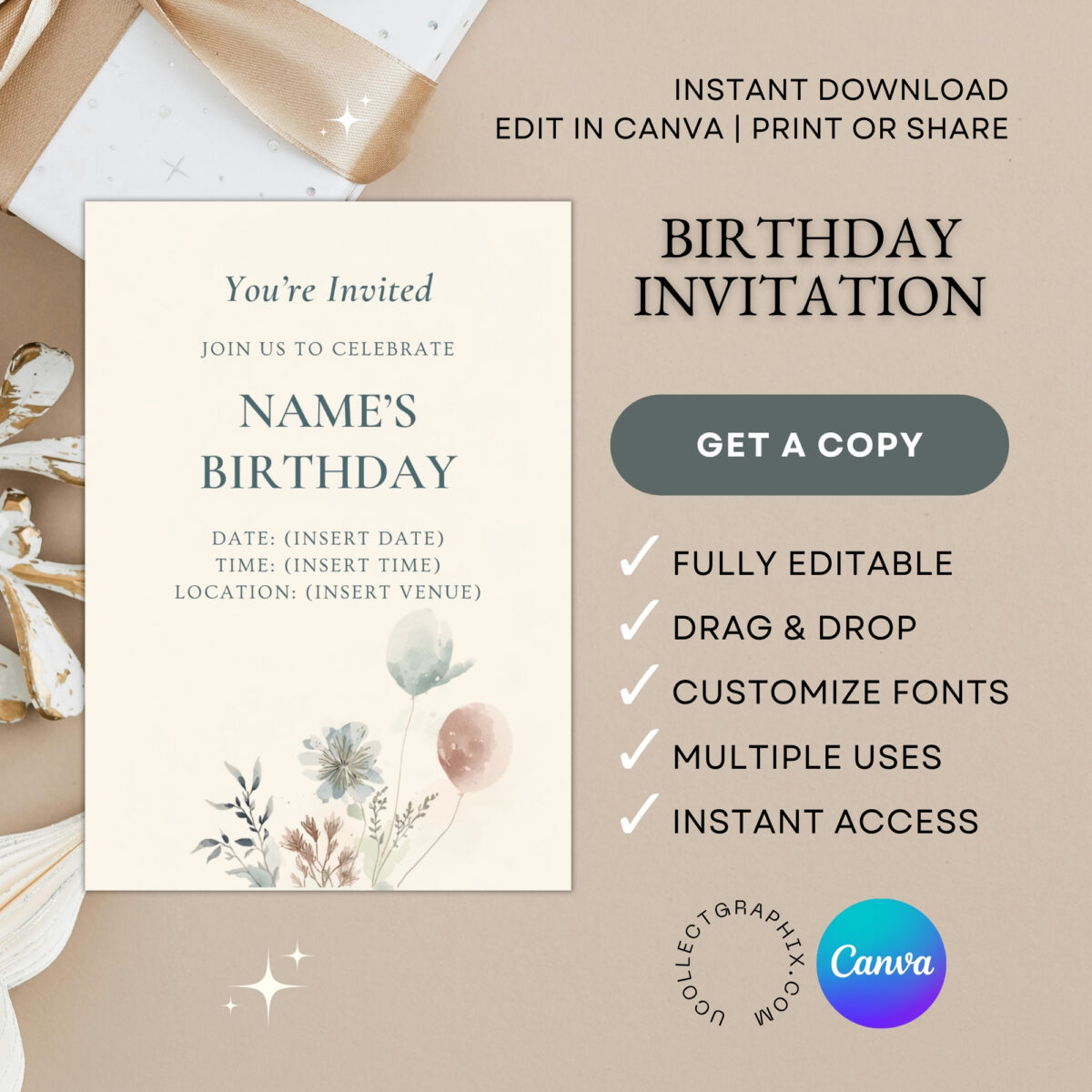 Editable Minimalist Birthday Invitation Template | Watercolor Floral Birthday Party Invite | Printable Canva Template | BDINVITE-002