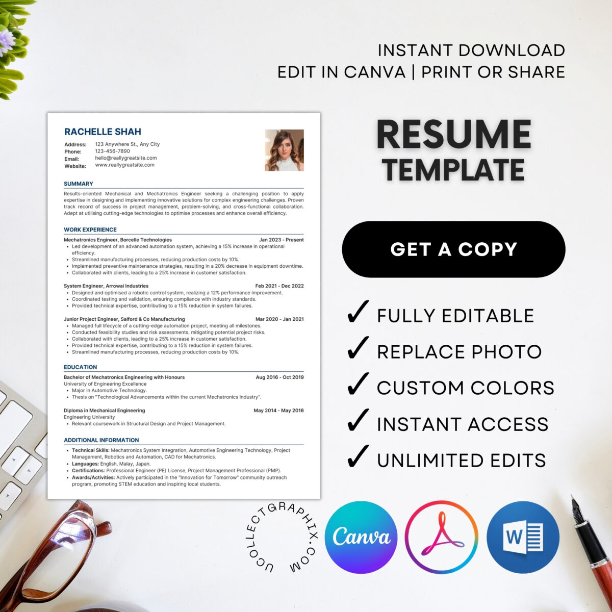 Professional Resume & Cover Letter Template Bundle | Editable Canva, PDF & MS Word CV | A4 + US Letter Modern Resume Download | CV-007