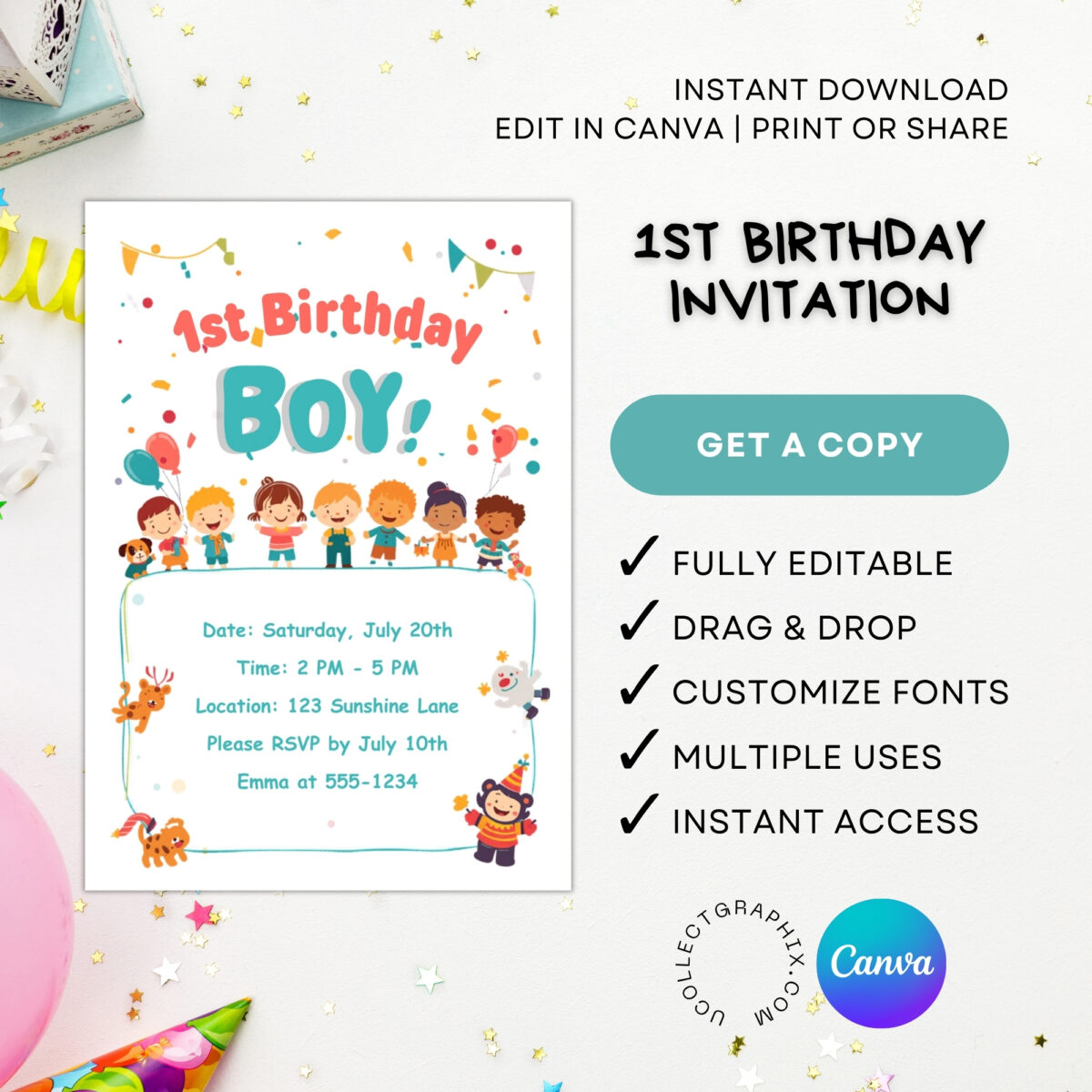 Editable First Birthday Boy Invitation Canva Template | Cute Kids Party Invite, 1st Birthday Boy Card, Printable & Digital | 1BINVITE-002