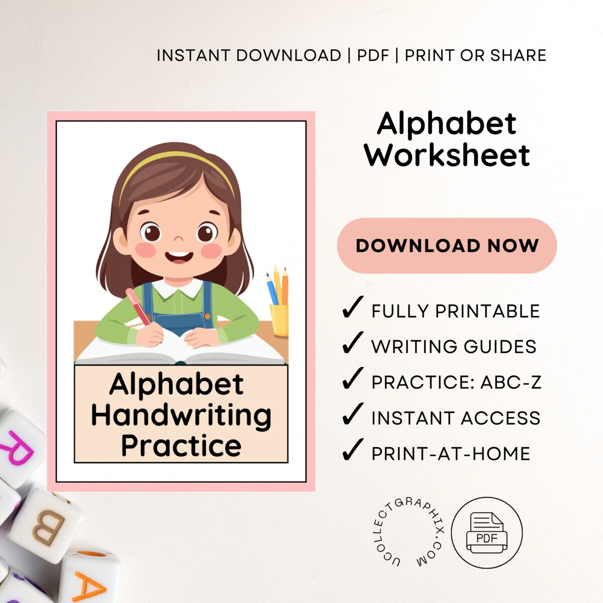 Alphabet A–Z Handwriting Practice for Girls | ABC Tracing | Blue Red Lined Writing Paper | Preschool & Kindergarten Printable | ALPHAND-002