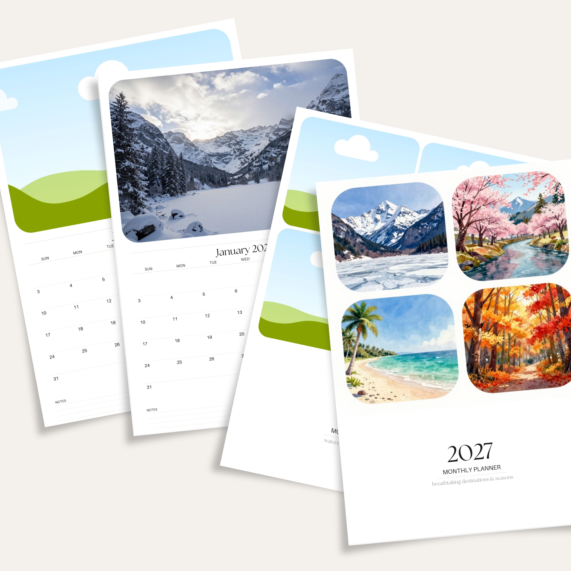 Editable 2027 Monthly Planner Calendar Canva Template | Travel Destinations & Seasons Planner | CAL2027-005 - Image 2