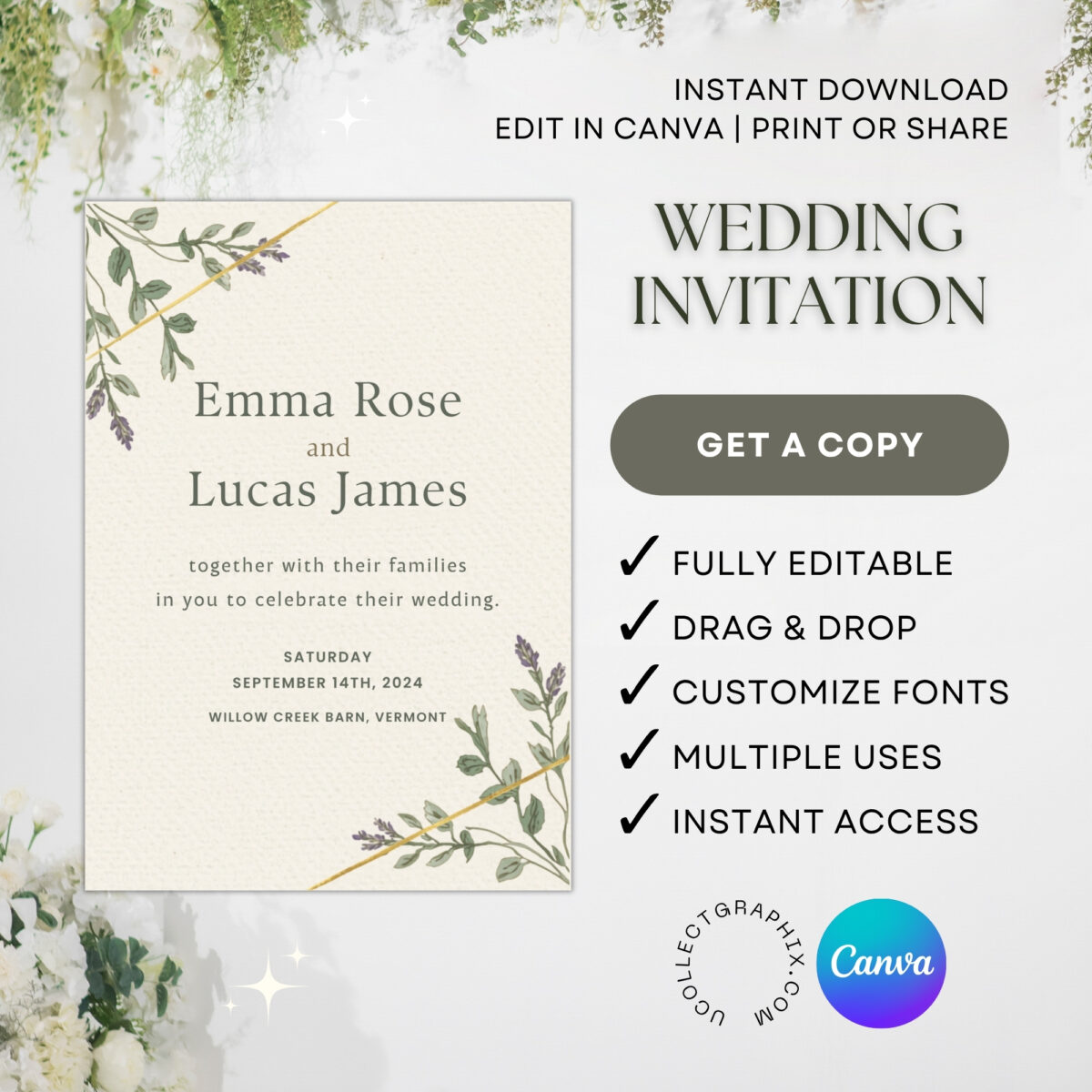 Editable Wedding Invitation Template | Minimalist Floral Wedding Invite Canva Template | Printable Rustic Wedding Invitation | WEDINVITE-003