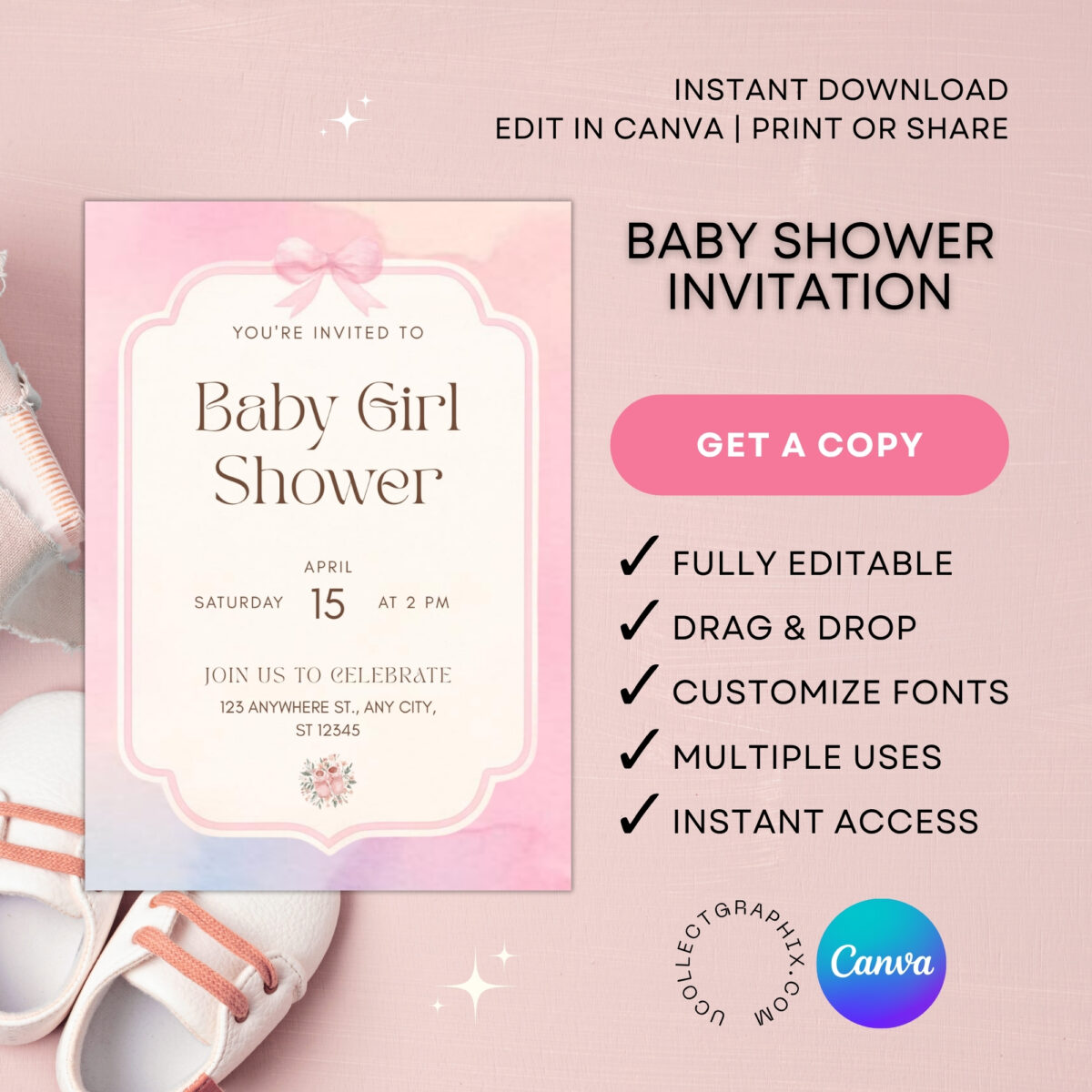Elegant Baby Girl Shower Invitation Template | Pink Watercolor Bow Invite | Editable Canva Template Printable | BSINVITE-006