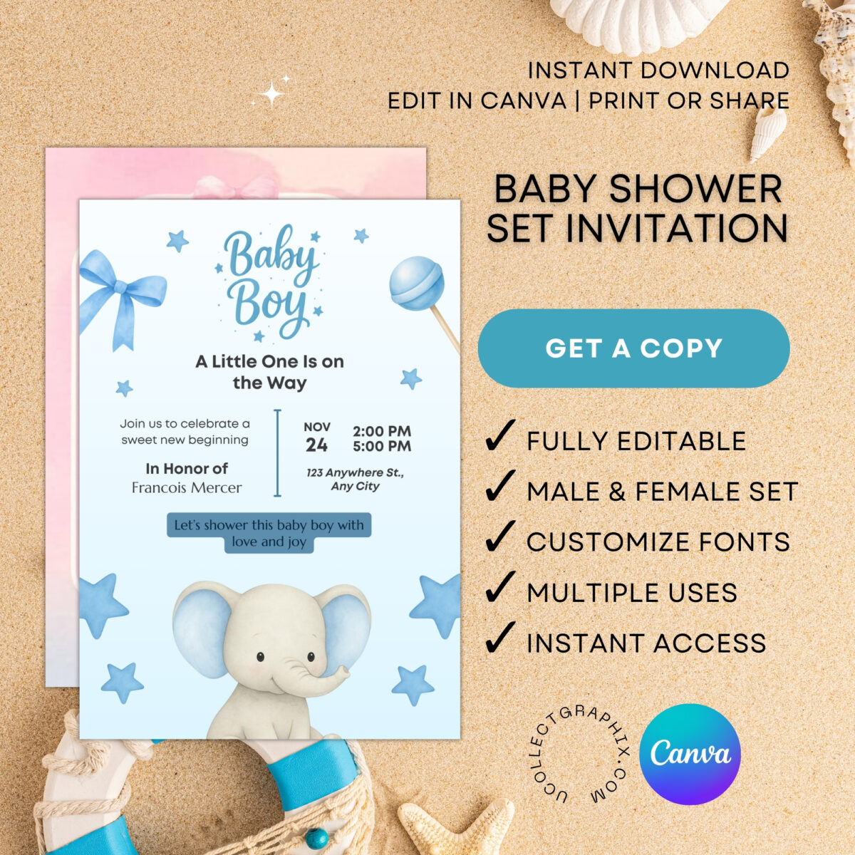 Editable Baby Shower Invitation Bundle Set of 2 (Girl & Boy) Canva Template | Pink & Blue Baby Shower Invite | Instant Download | BDLINVITE-001