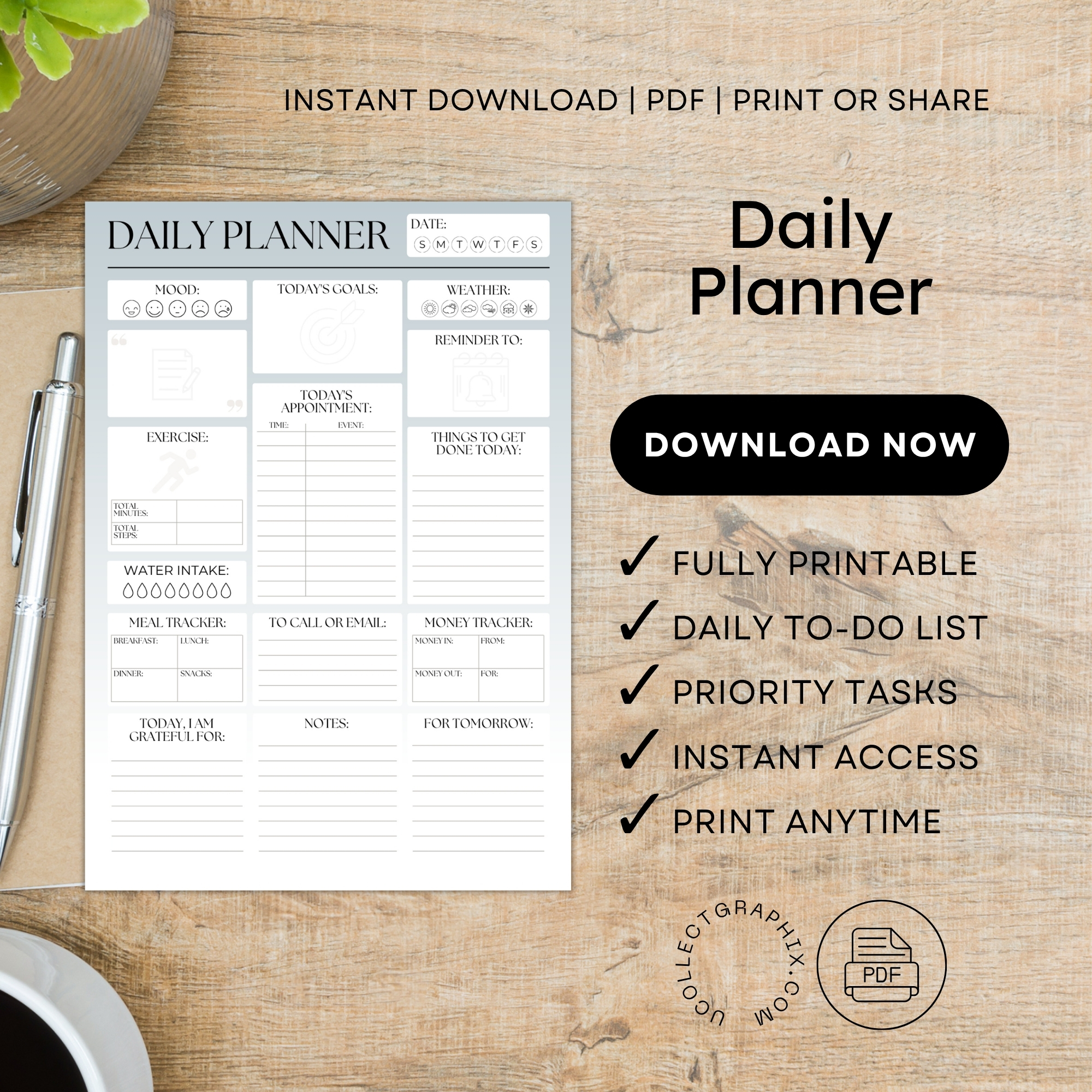 Printable Daily Planner | All-In-One Organizer PDF | PLADAY-002-04