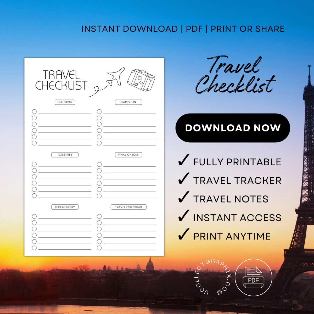 Printable Travel Checklist – Ultimate Packing List with Clothing, Carry-On, Toiletries & Travel Essentials | TRAV-002-01