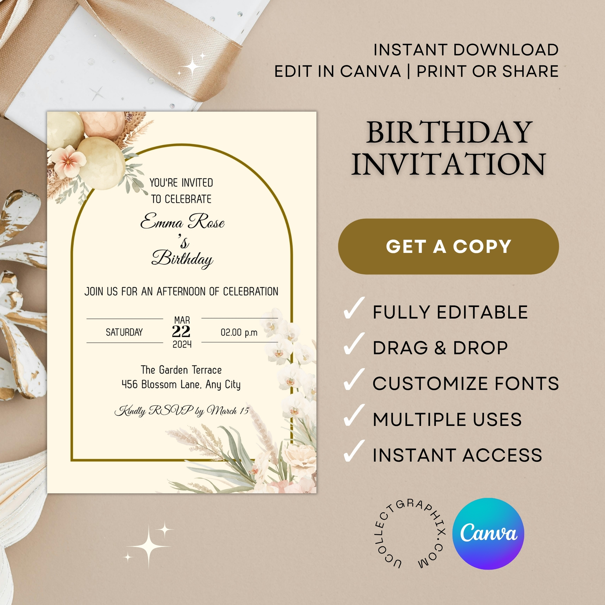 Editable Birthday Invitation Template Canva | Neutral Floral Birthday Invite | Boho Birthday Party Invitation | Printable Birthday | BDINVITE-003