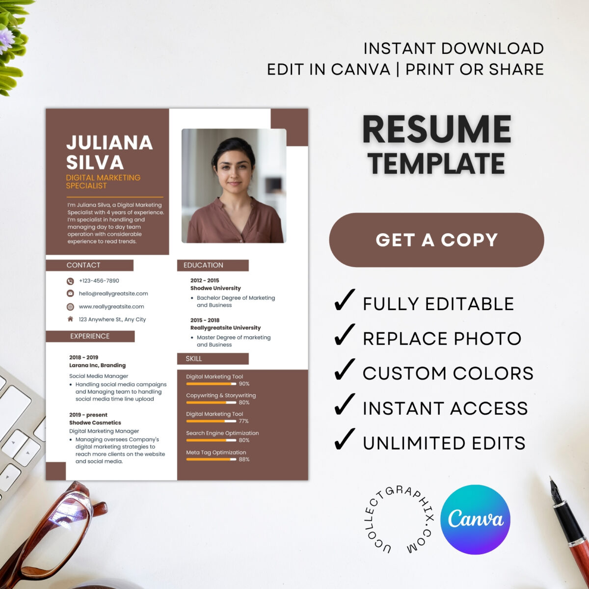 Professional Marketing Resume Template with Photo | 1 & 2 Page Canva CV Template | Editable Modern Resume | CV-005