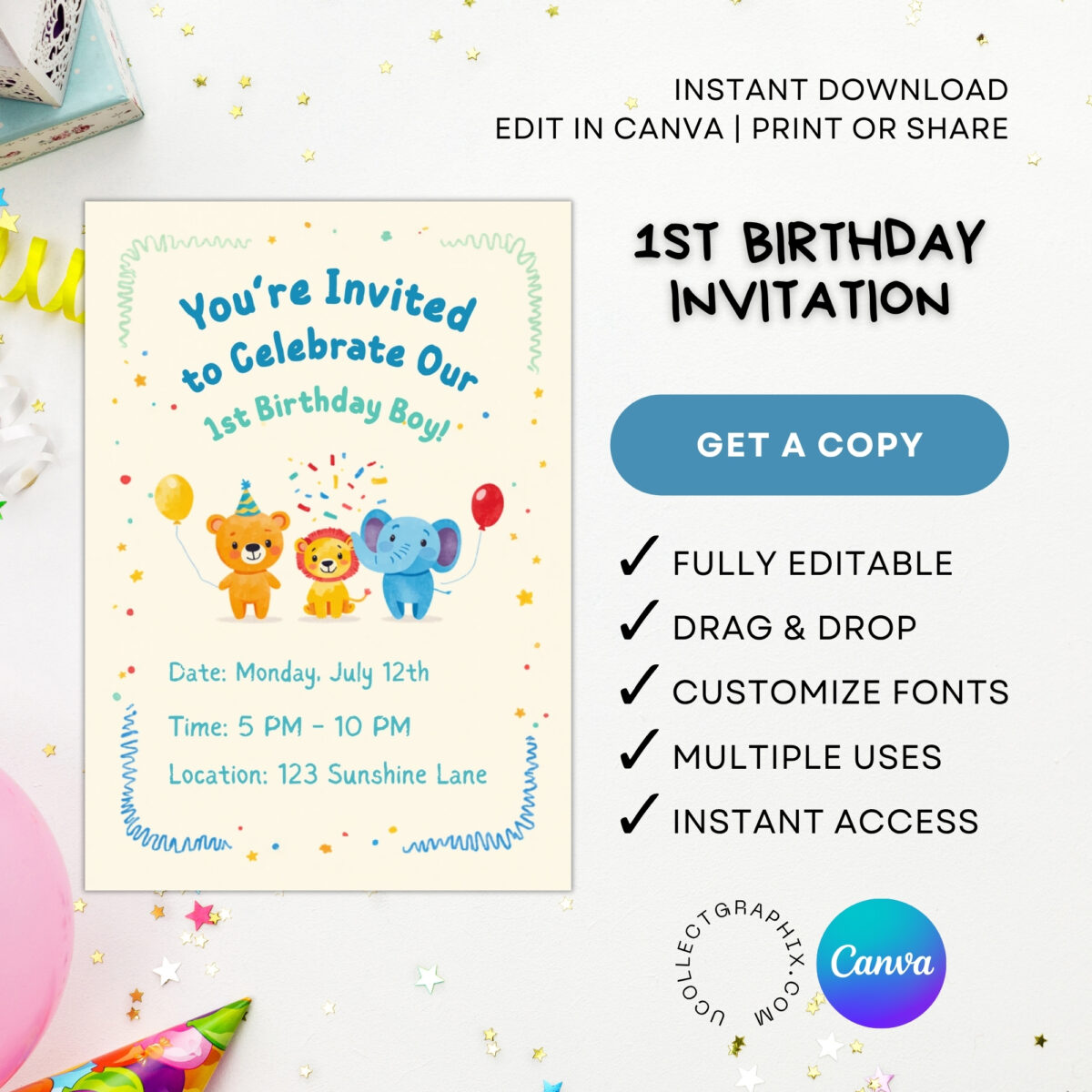 Editable First Birthday Boy Safari Invitation Canva Template | Cute Jungle Animals 1st Birthday Invite, Printable & Digital | 1BINVITE-003