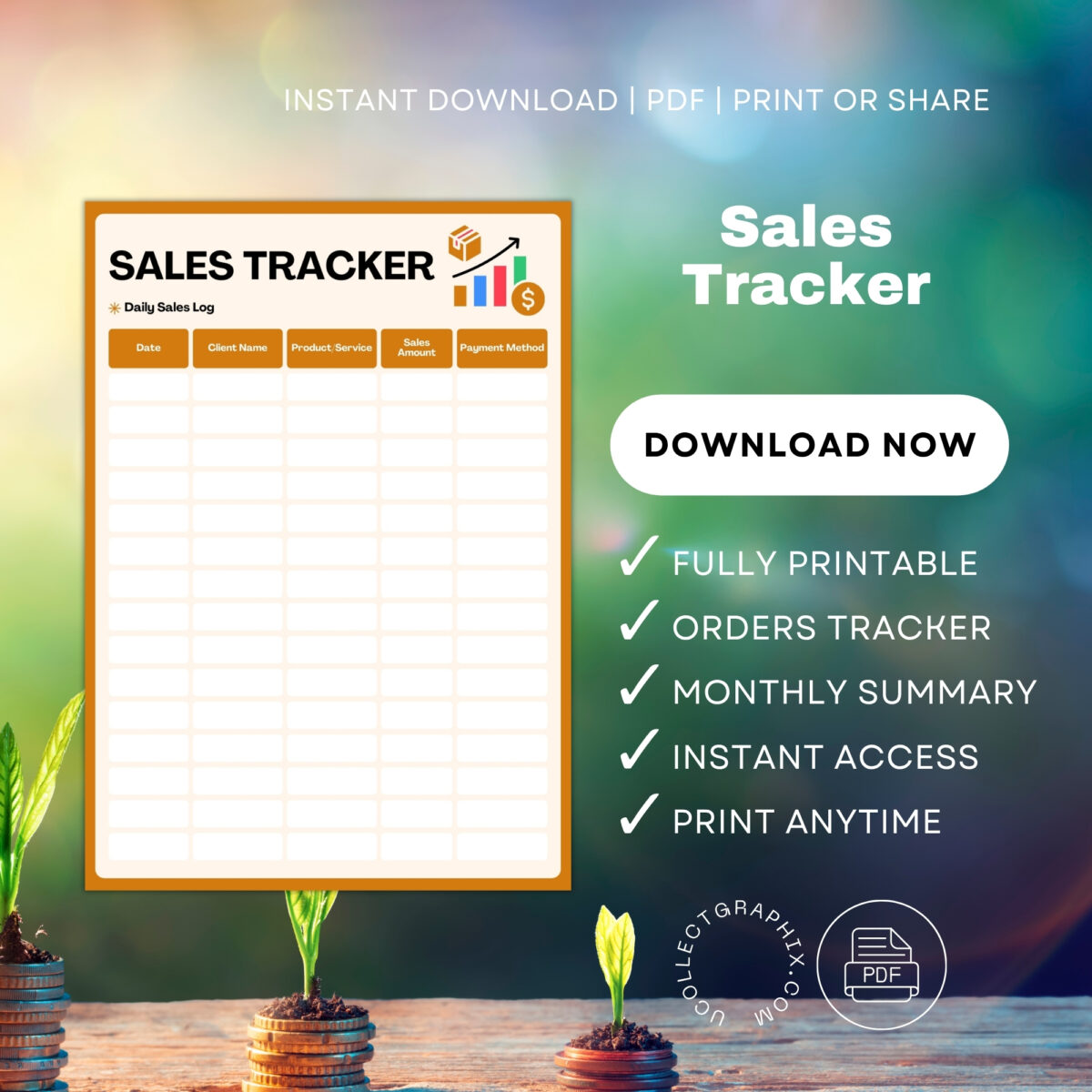 Monthly Sales Tracker & Daily Sales Log Printable | Sales Target & Performance Tracker | Orange TRAC-014-03