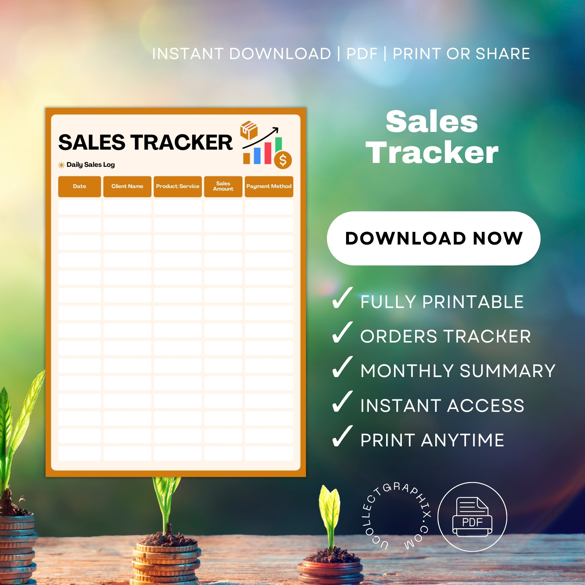 Monthly Sales Tracker & Daily Sales Log Printable | Sales Target & Performance Tracker | Orange TRAC-014-03