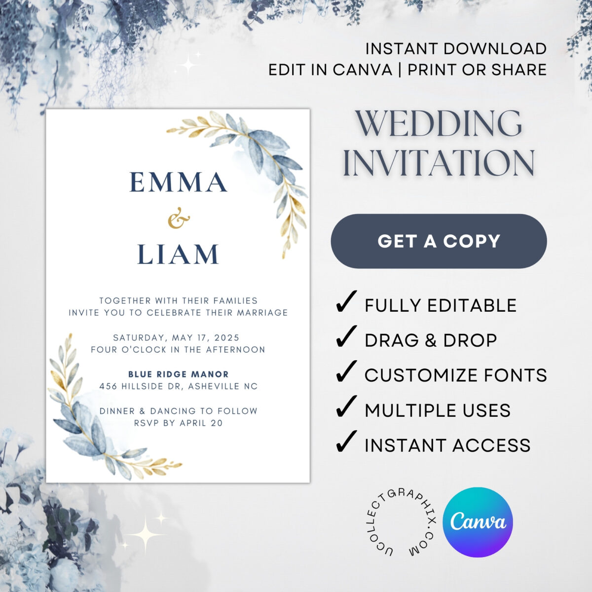 Editable Blue Floral Wedding Invitation Template | Elegant Canva Wedding Invite | Printable Minimalist Botanical Wedding Invitation | WEDINVITE-004