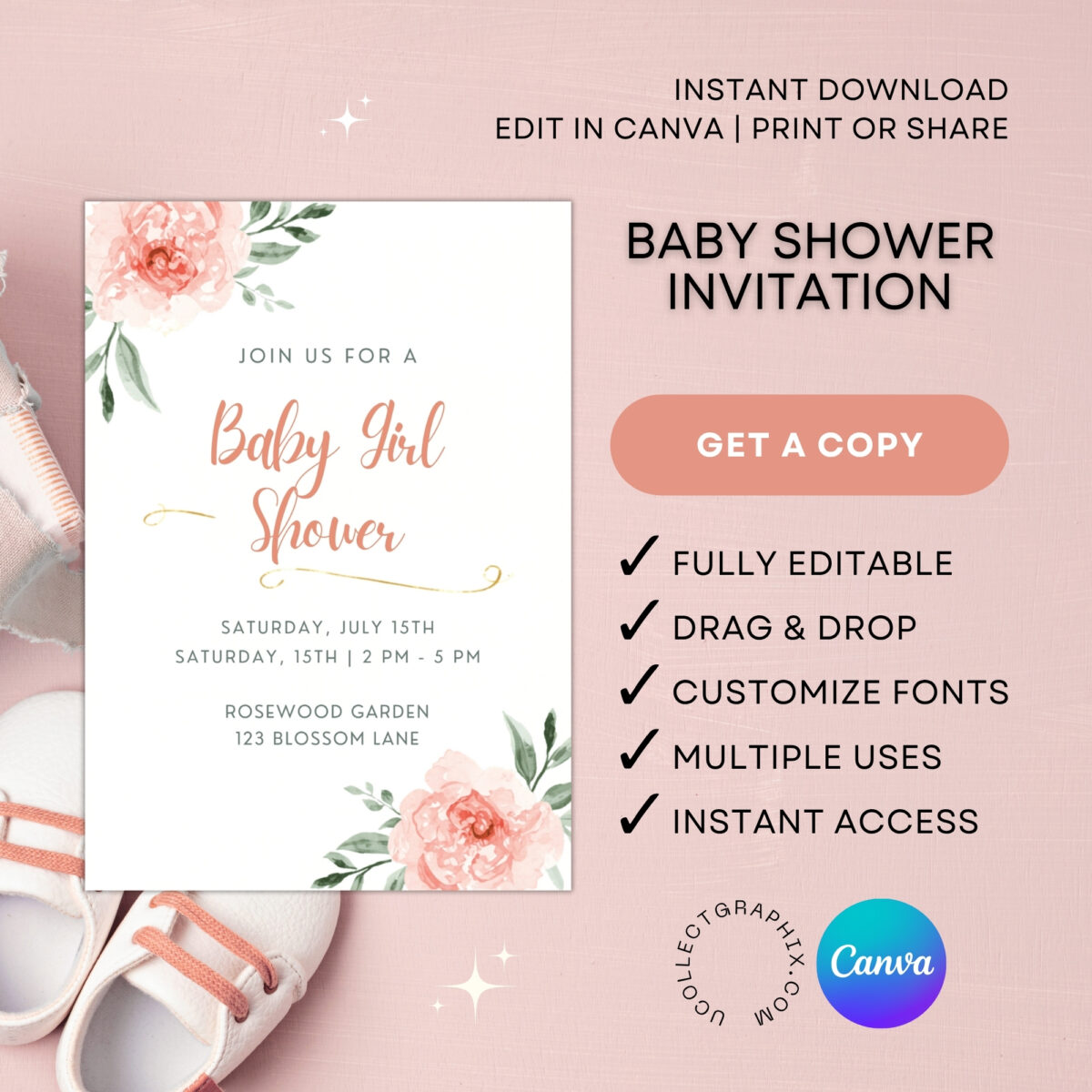 Editable Baby Girl Shower Invitation Template | Floral Baby Shower Invite | Pink Boho Baby Shower, Canva Template | BSINVITE-005