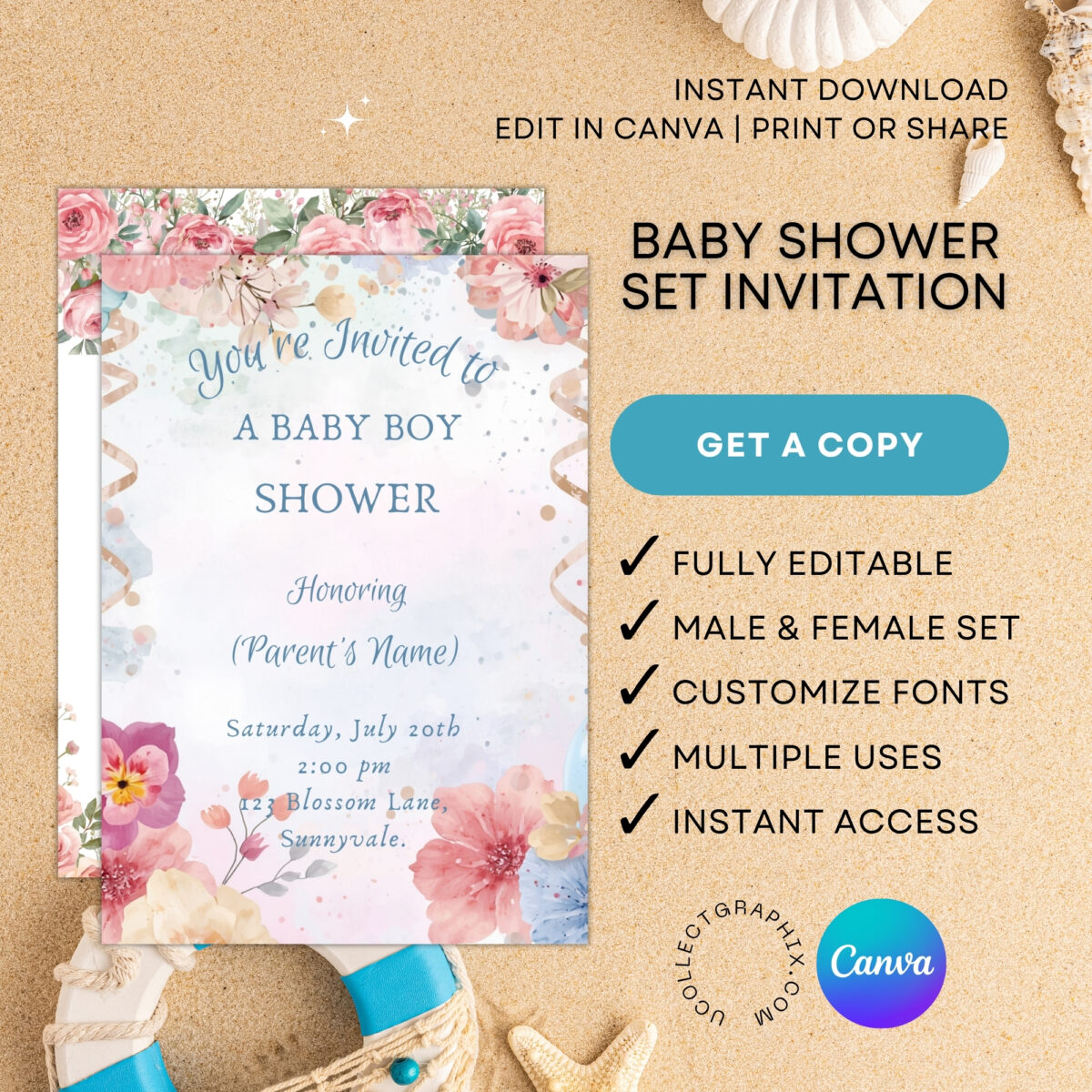 Editable Floral Baby Shower Invitation Bundle Set of 2 for Boy & Girl | Watercolor Canva Baby Shower Templates | Printable Invite | BDLINVITE-004