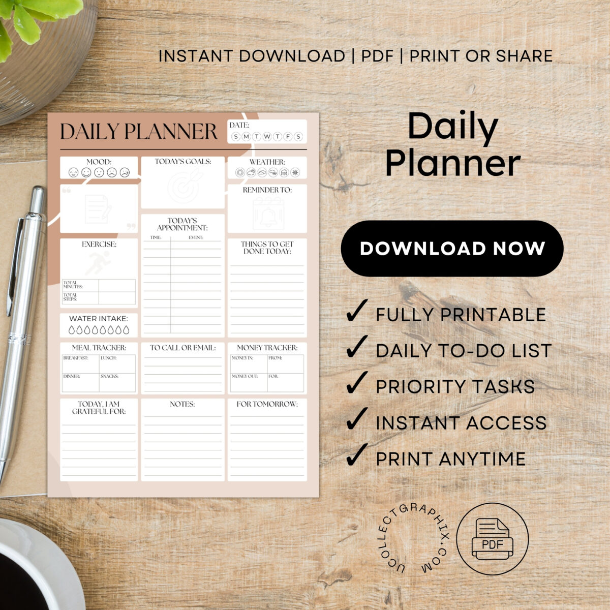 Printable Daily Planner | All-In-One Organizer PDF | PLADAY-002-03