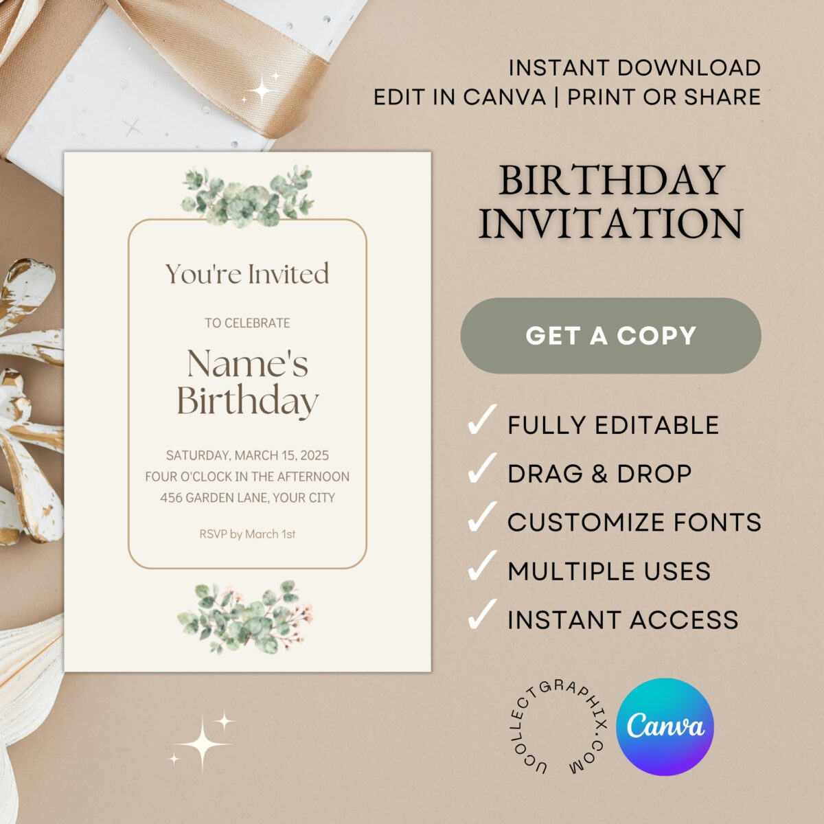 Editable Minimalist Birthday Invitation Template | Neutral Greenery Birthday Invite | Canva Editable | BDINVITE-004