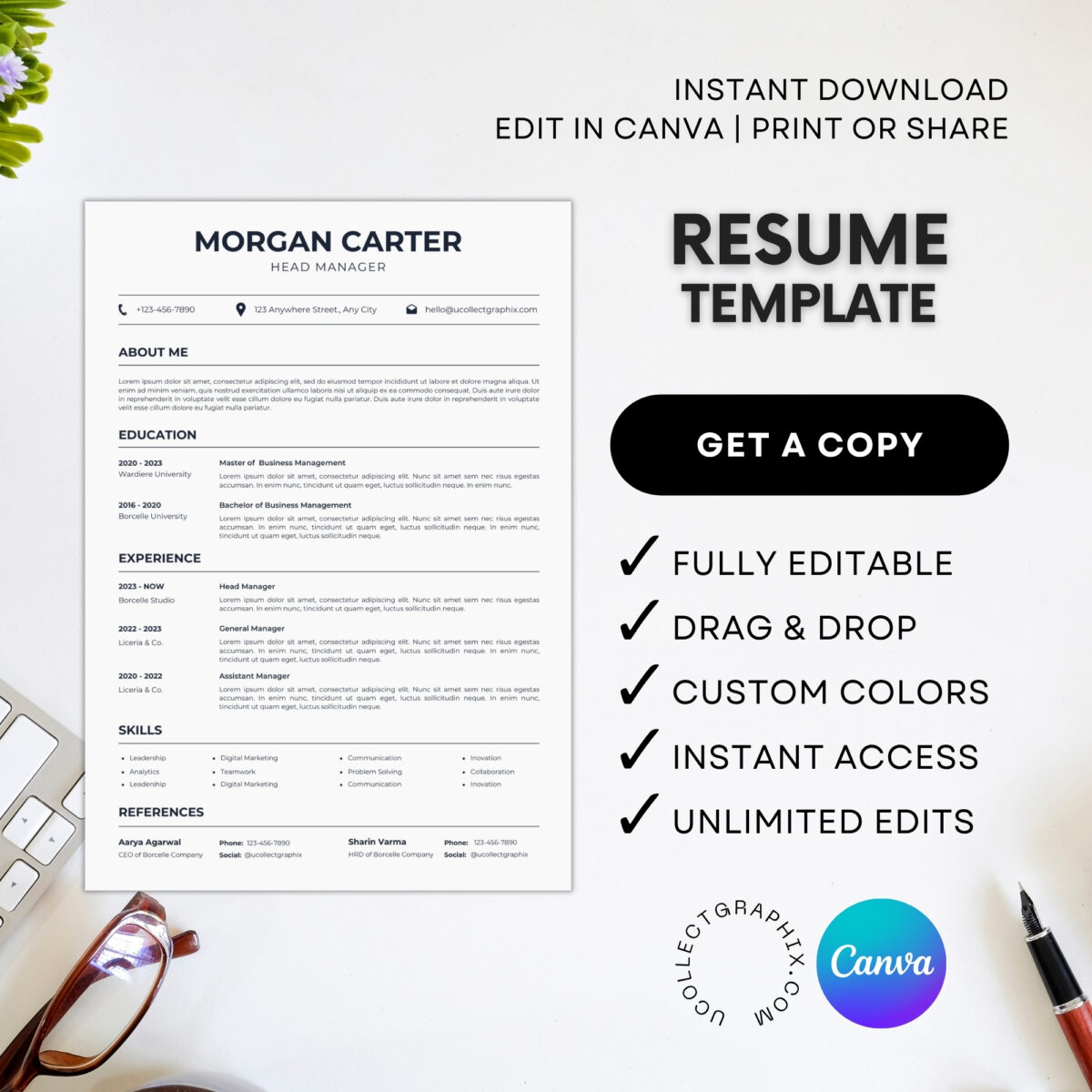 Professional Manager Resume Template | 1 & 2 Page Canva Editable CV | A4 & Letter Size | CV-003