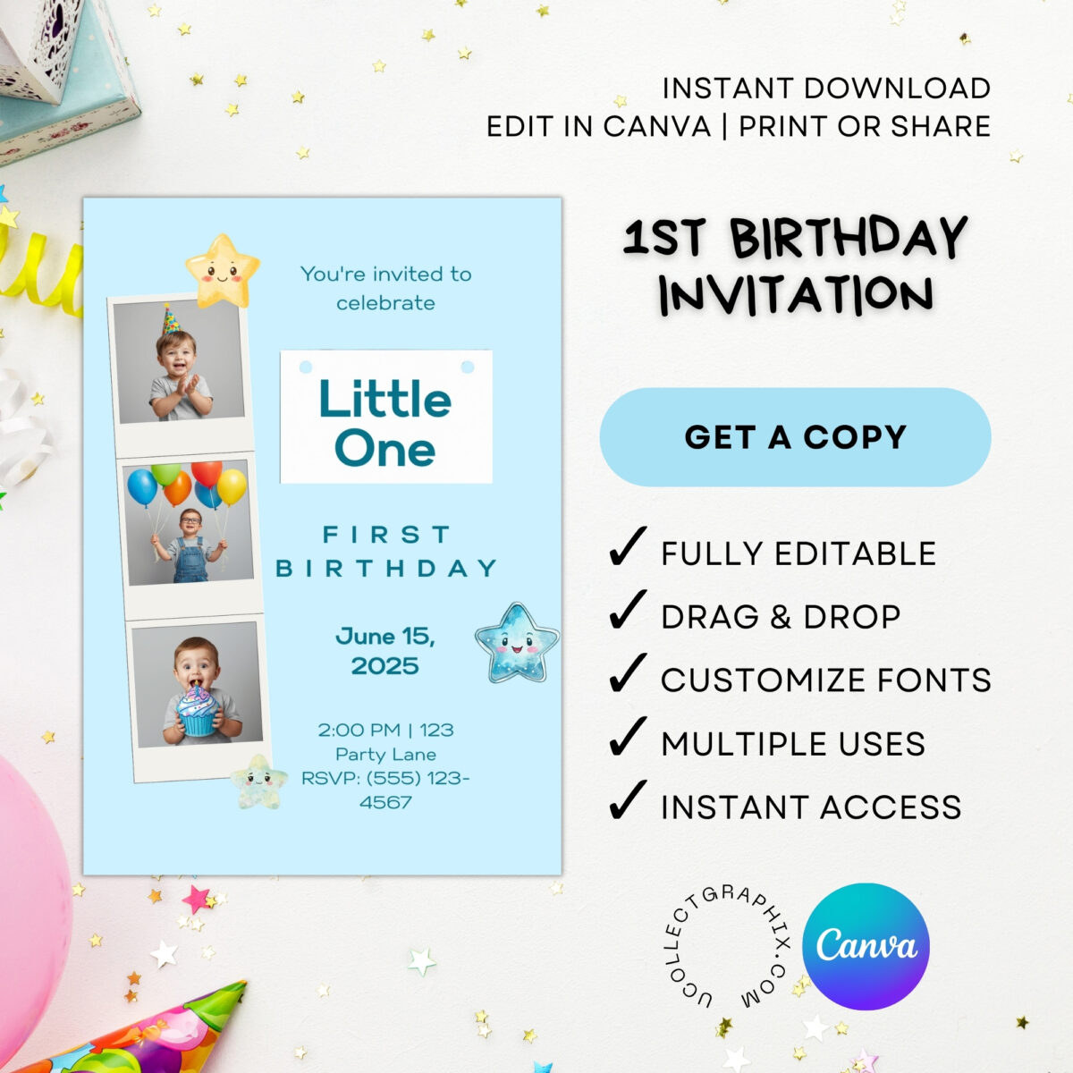 Editable First Birthday Invitation Template for Boy | Little One Birthday Invite Canva Template | Printable Blue First Birthday Party Invitation | 1BINVITE-004